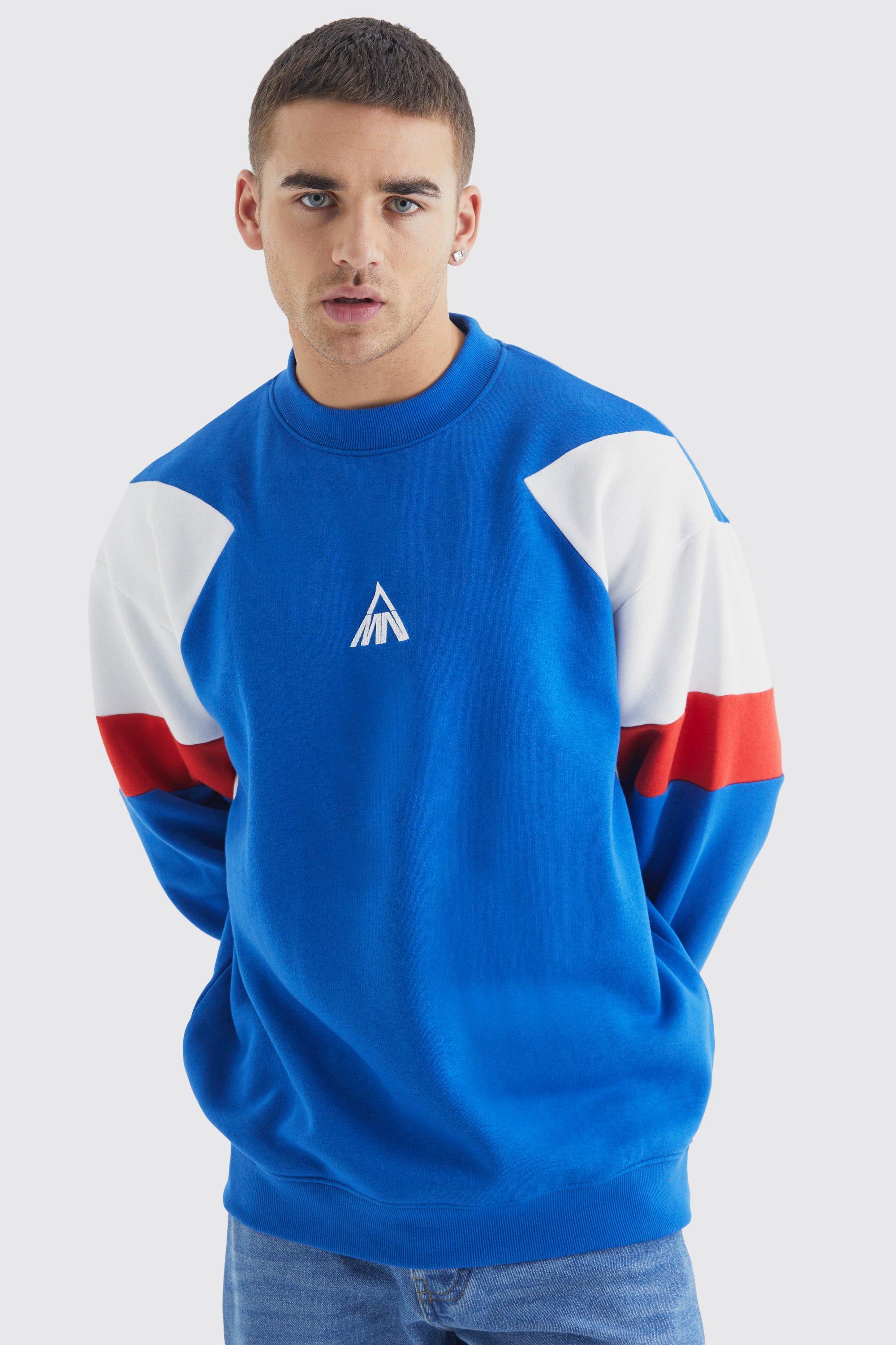 Mens Blue Oversized Extended Neck Branded Colour Block Sweatshirt, Blue