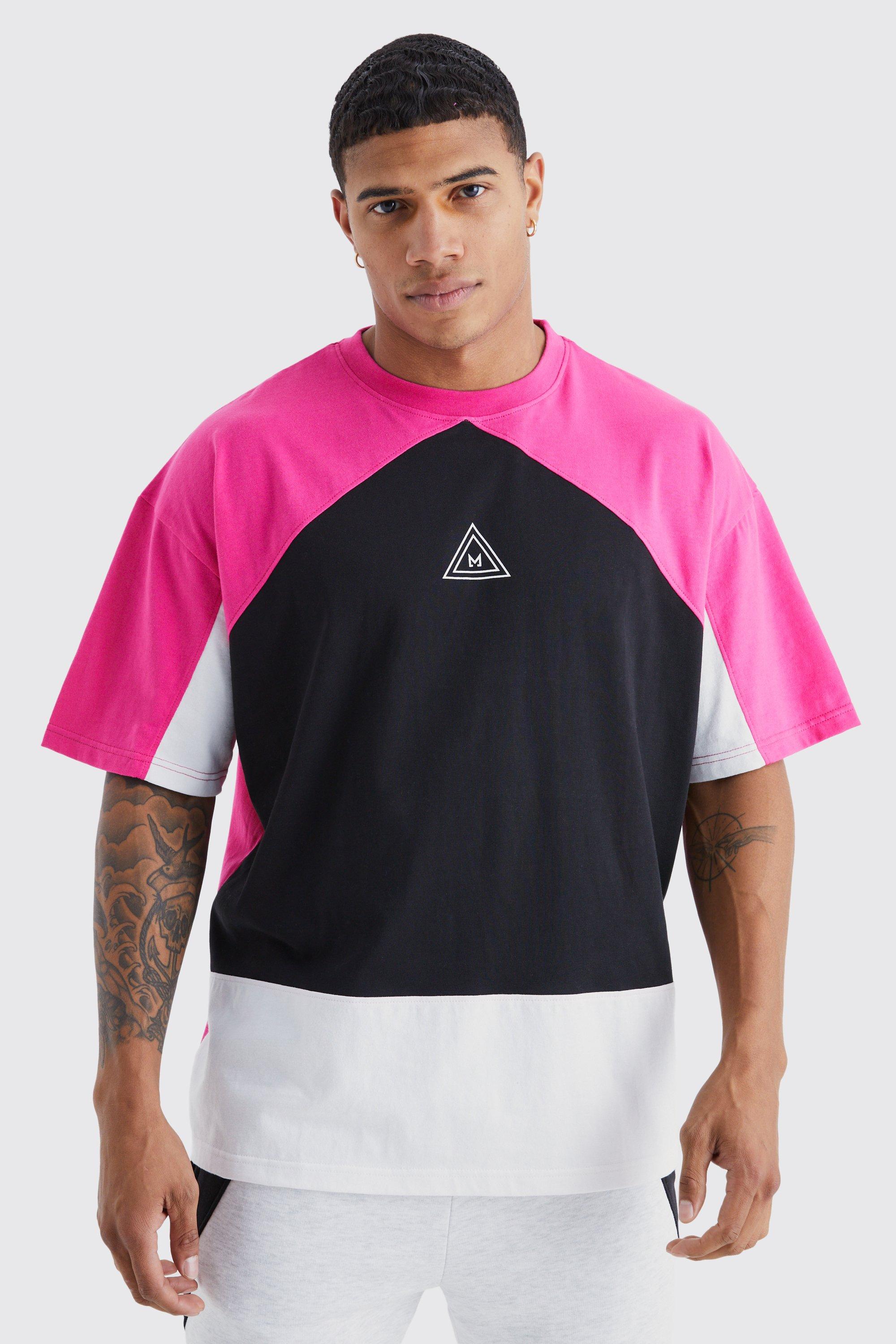 Mens Pink Oversized Branded Colour Block T-shirt, Pink