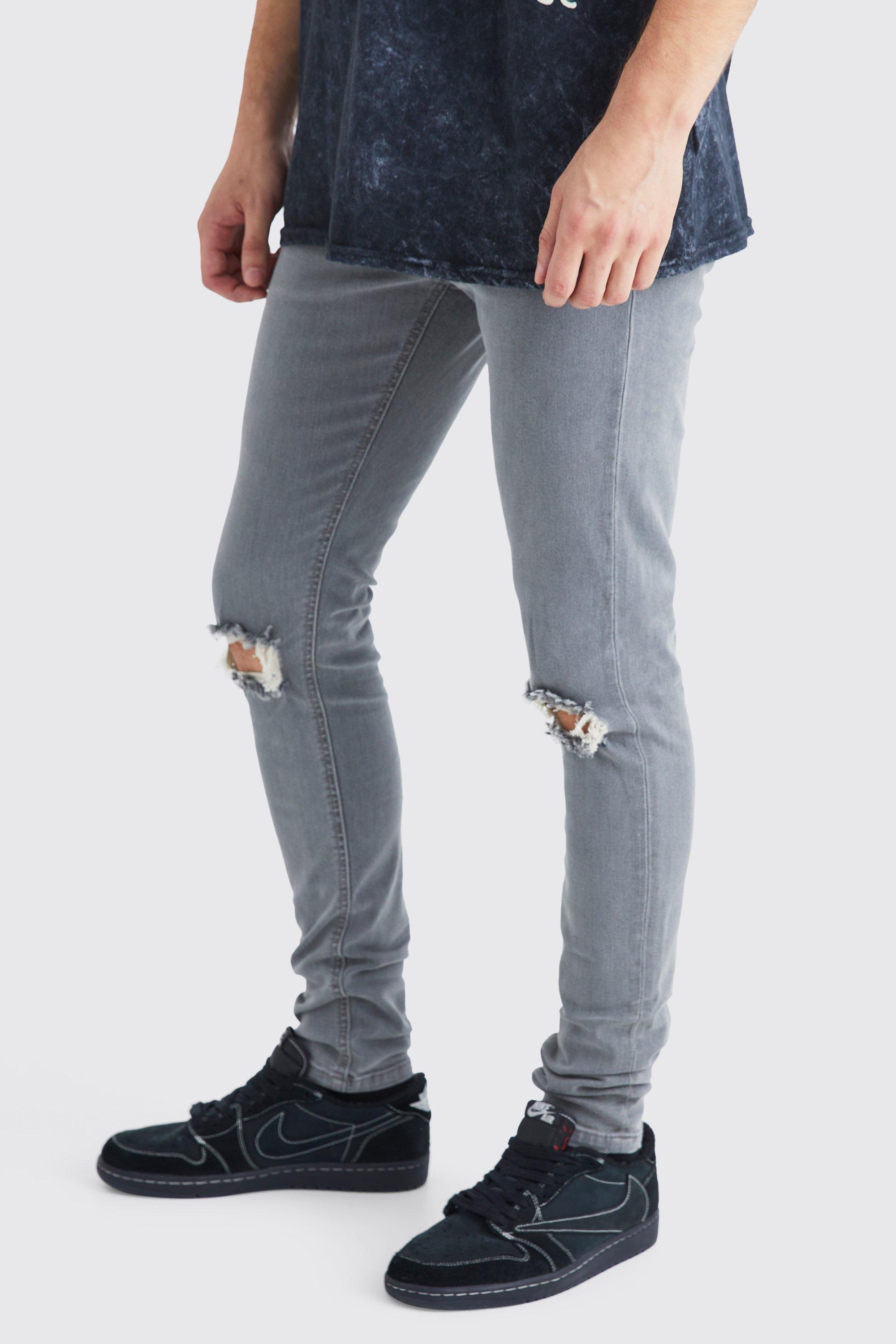 Mens Grey Tall Super Skinny Stretch Ripped Knee Jeans, Grey