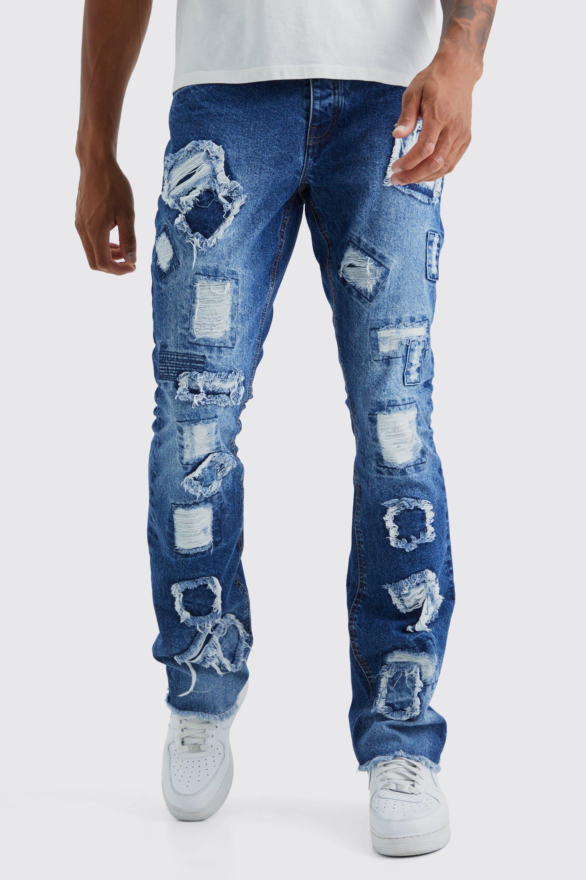 Image of Jeans Tall Slim Fit in denim rigido effetto patchwork effetto smagliato, Azzurro
