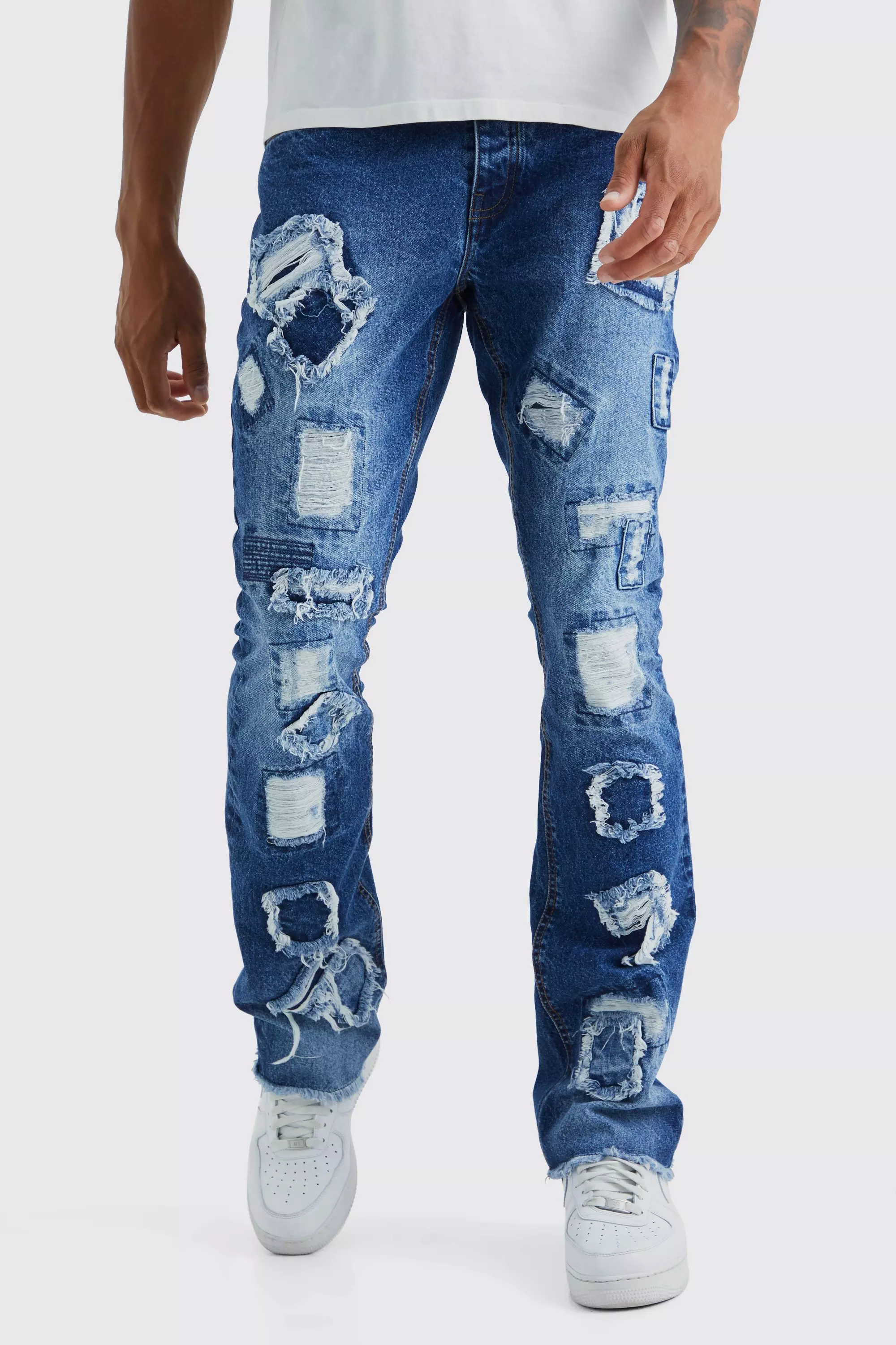 Dark Blue Low Rise Distressed Flared Jeans|141150501-Dark-Blue-Denim