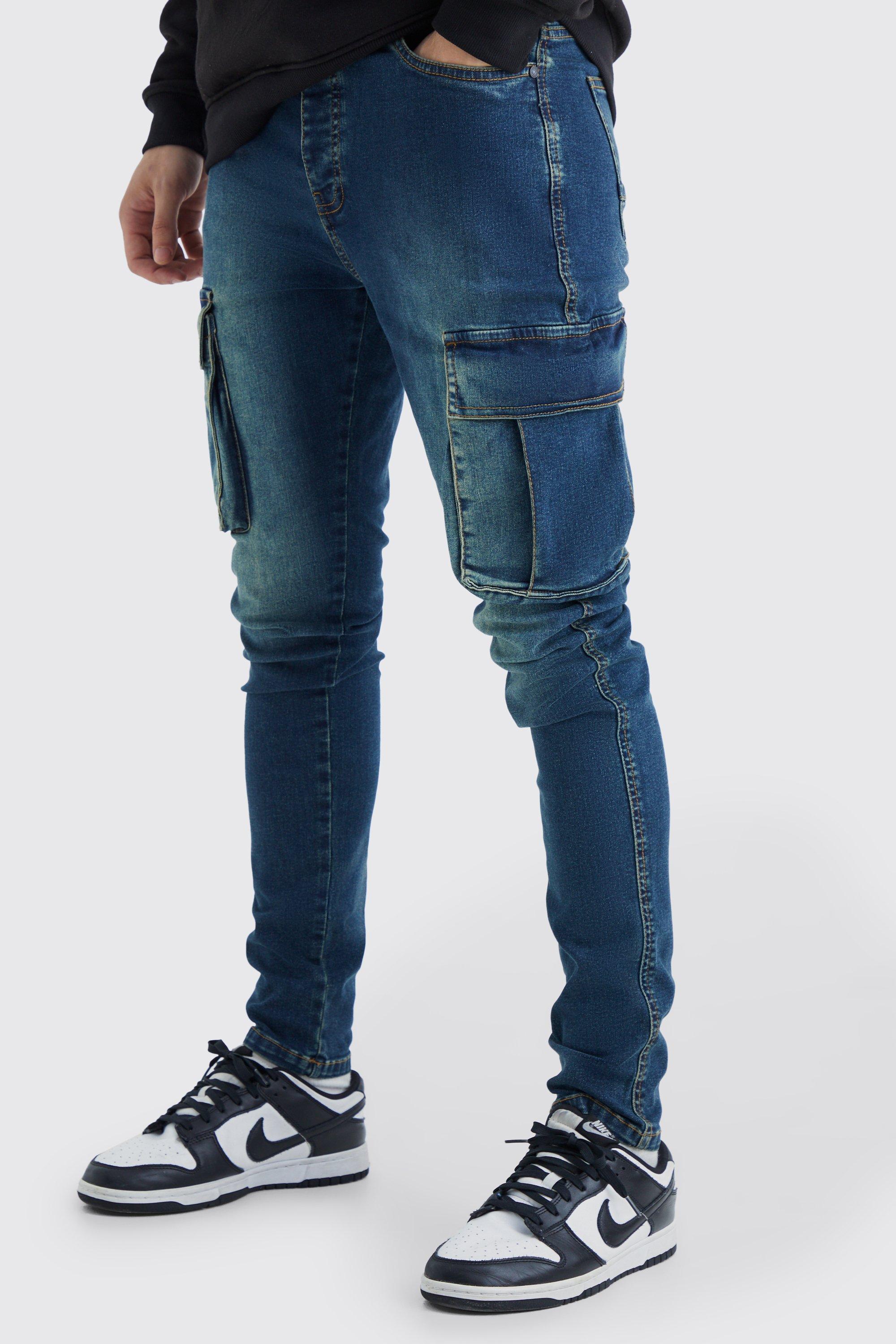 Boohoo Tall Stretch Super Skinny Cargo Jeans, Antique Blue