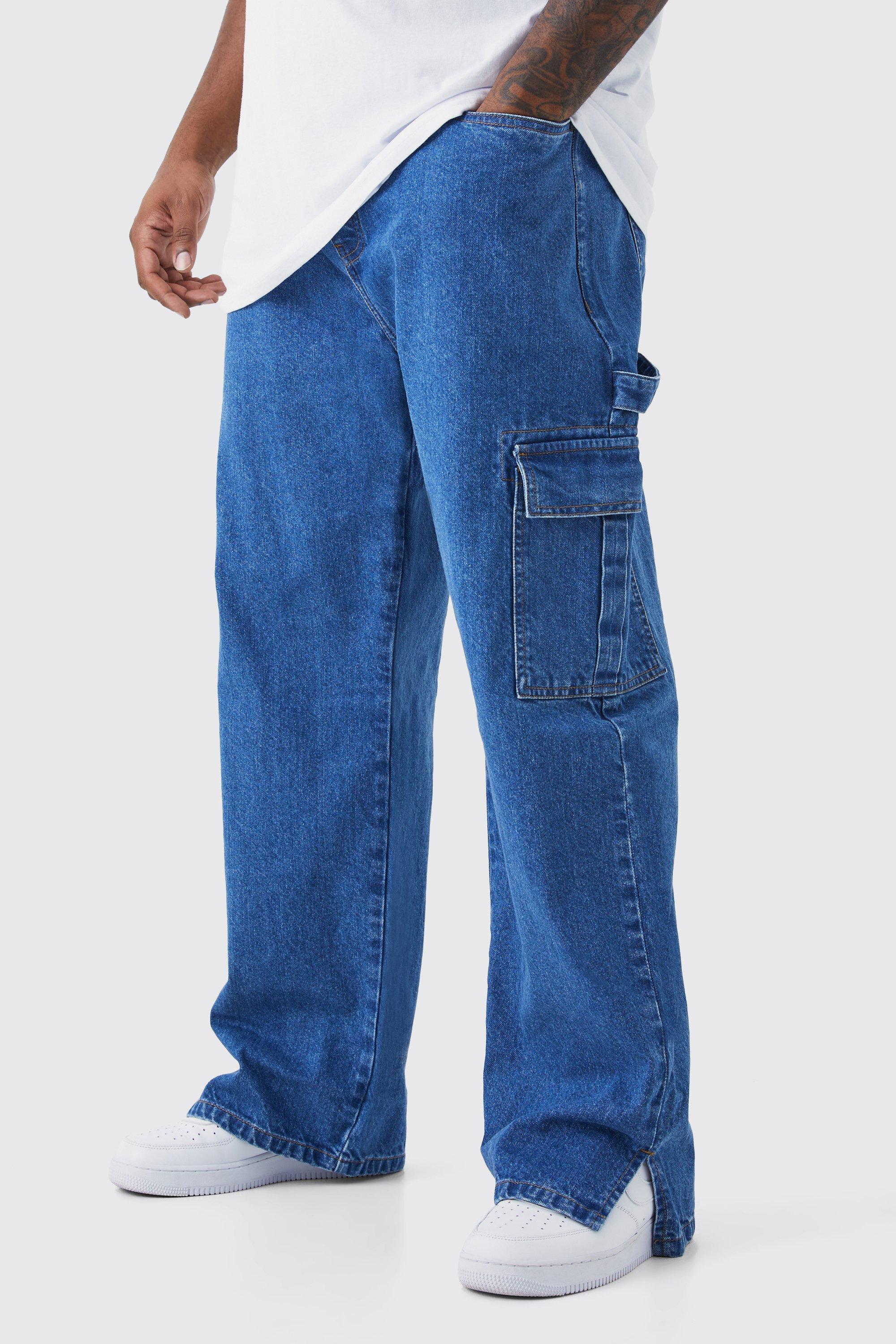 Image of Jeans Plus Size in denim rigido rilassato con spacco sul fondo, Azzurro