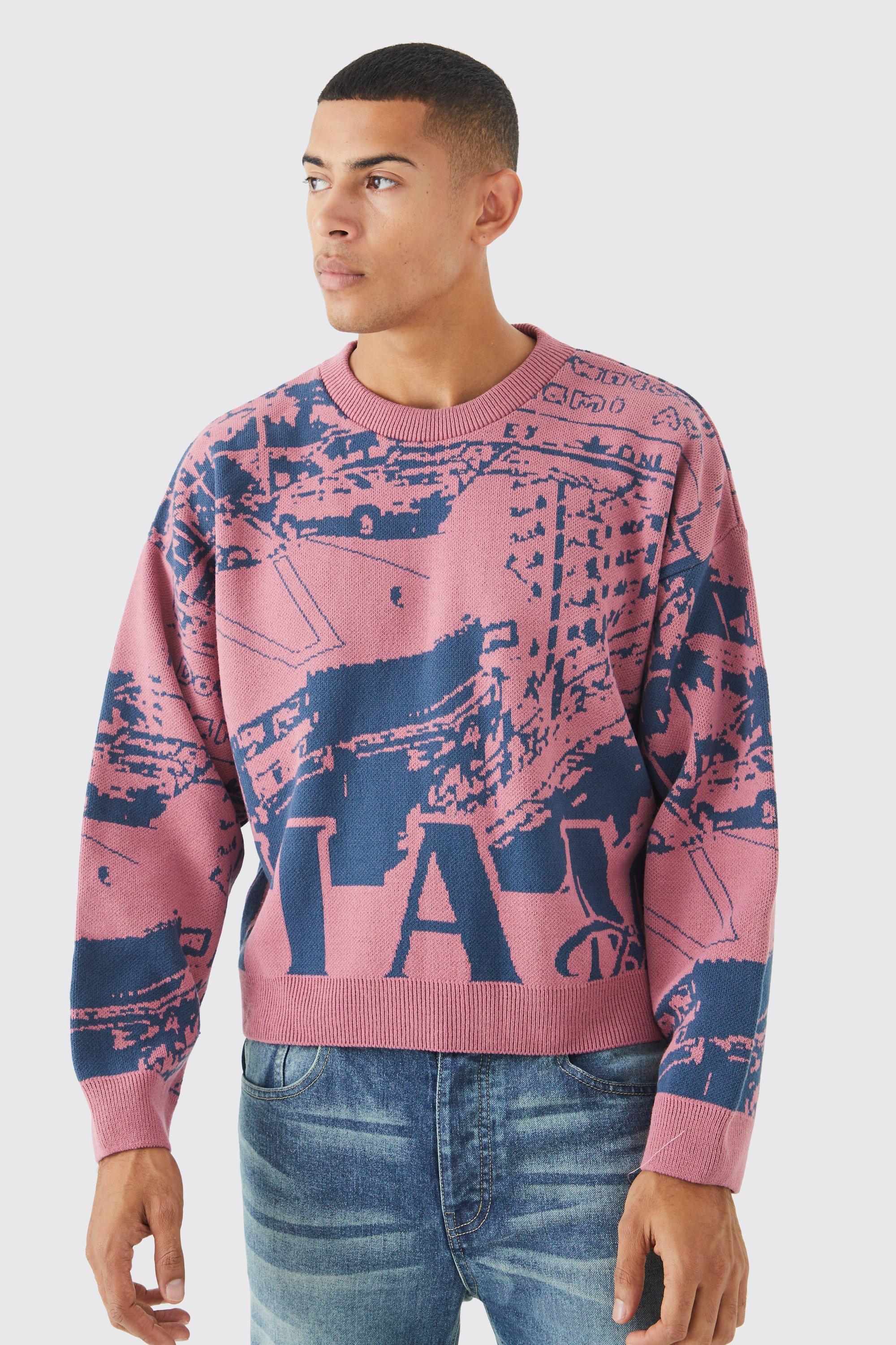 Mens Pink Boxy Oversized Graphic Jumper, Pink