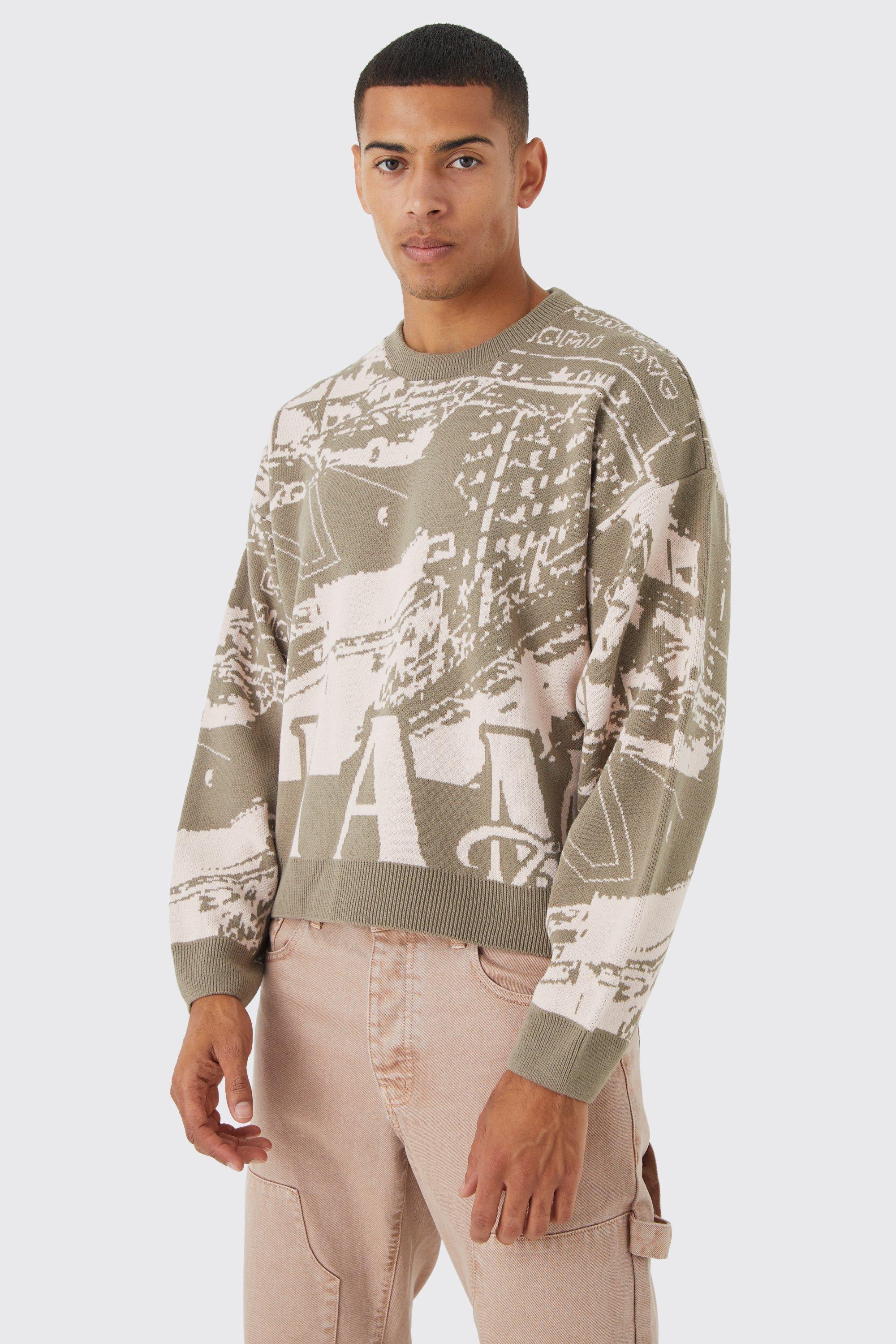 Mens Beige Boxy Oversized Graphic Jumper, Beige