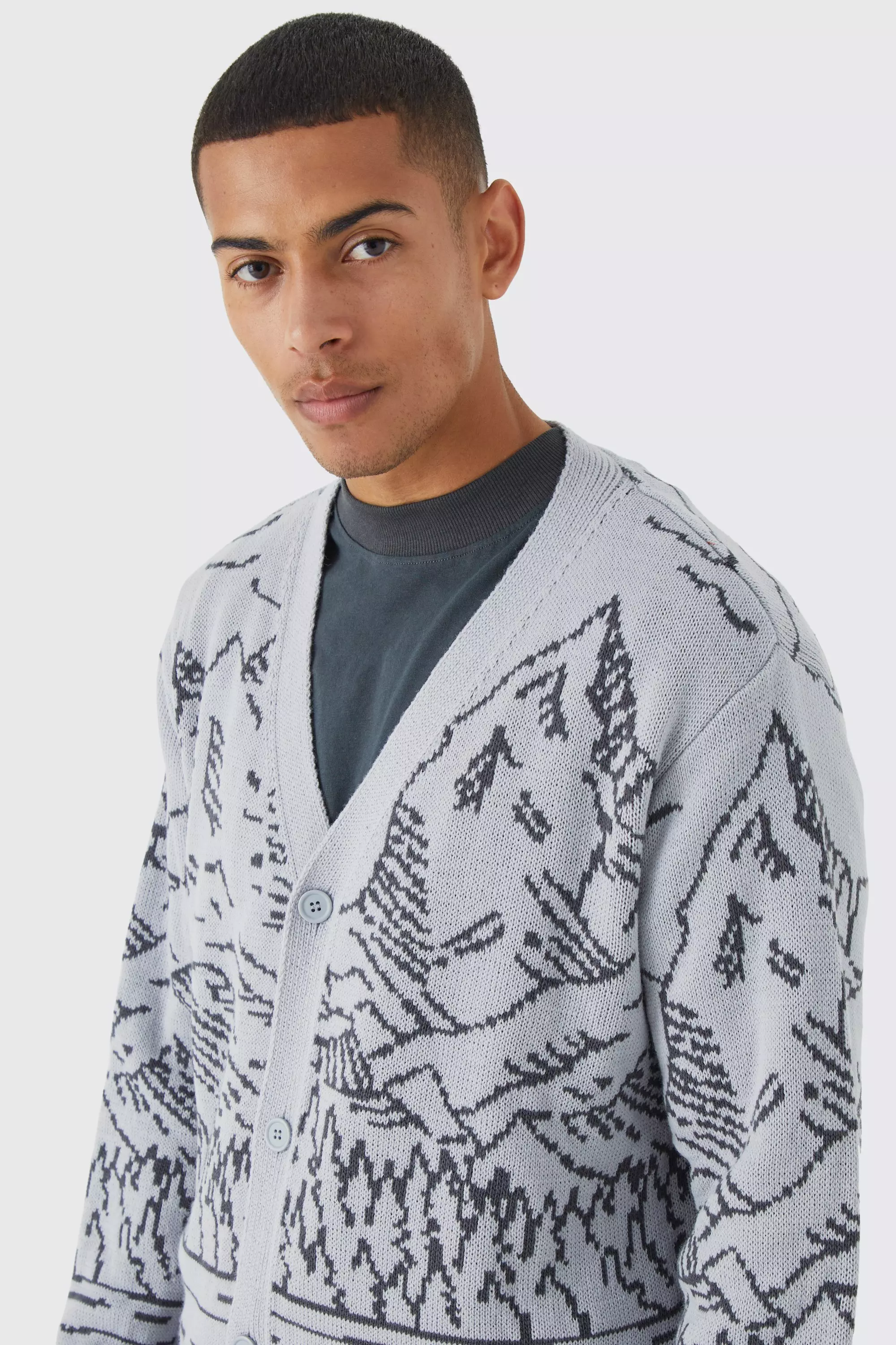 Oversized Scenic Line Graphic Cardigan | boohooMAN