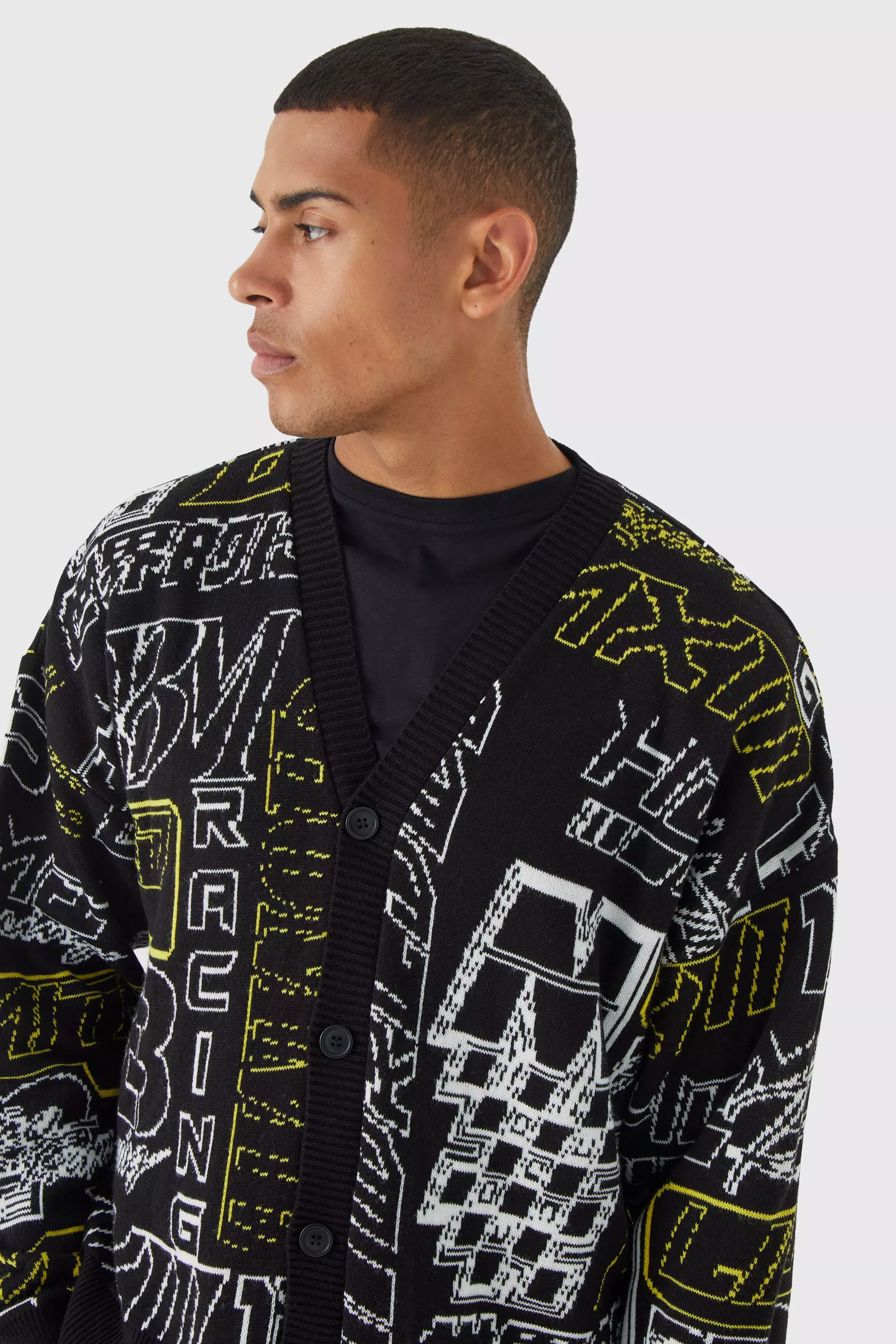 Boxy Oversized Line Graphic Moto Cardigan | boohooMAN