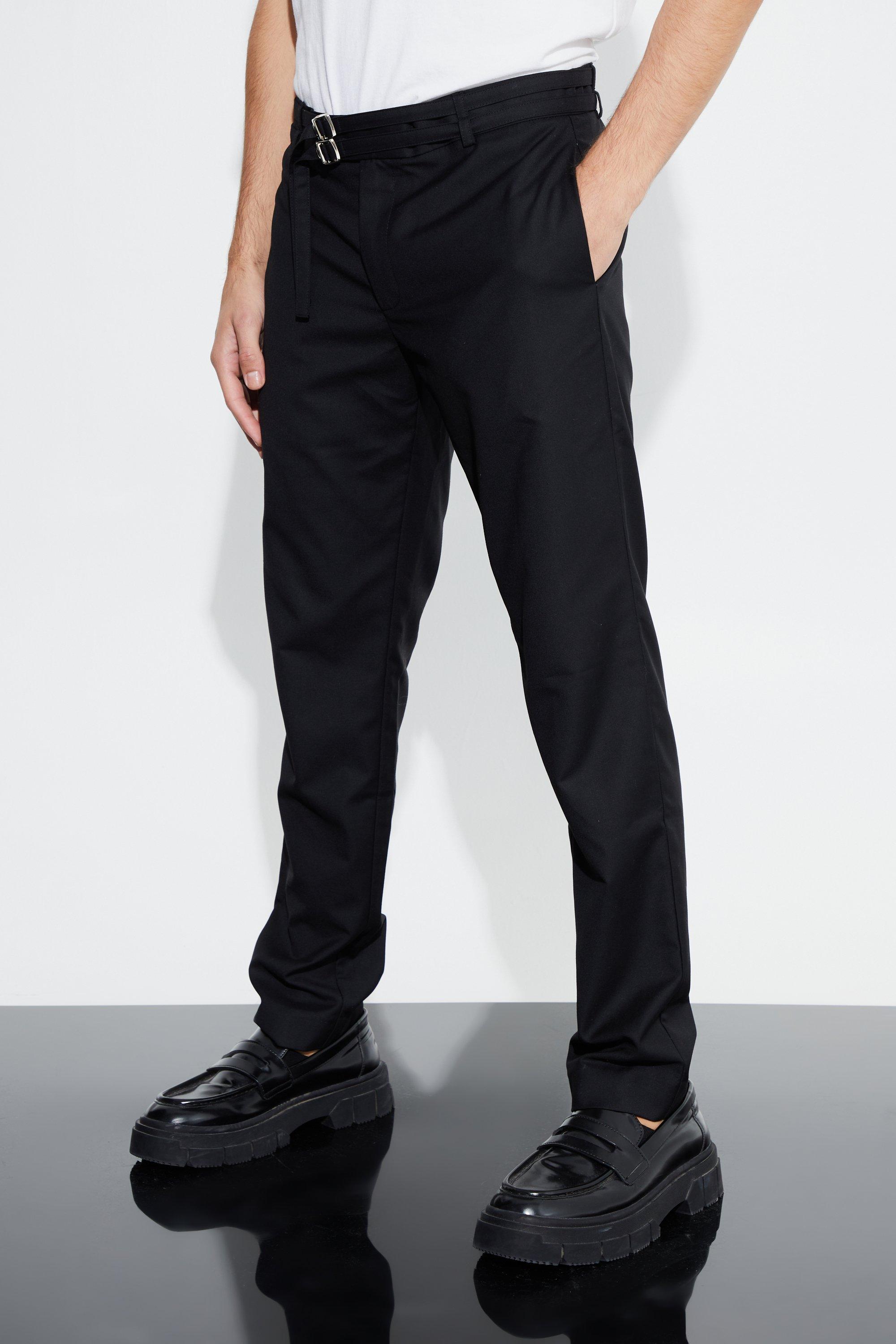Mens Black Relaxed Fit Trouser With Double Belt Detail, Black