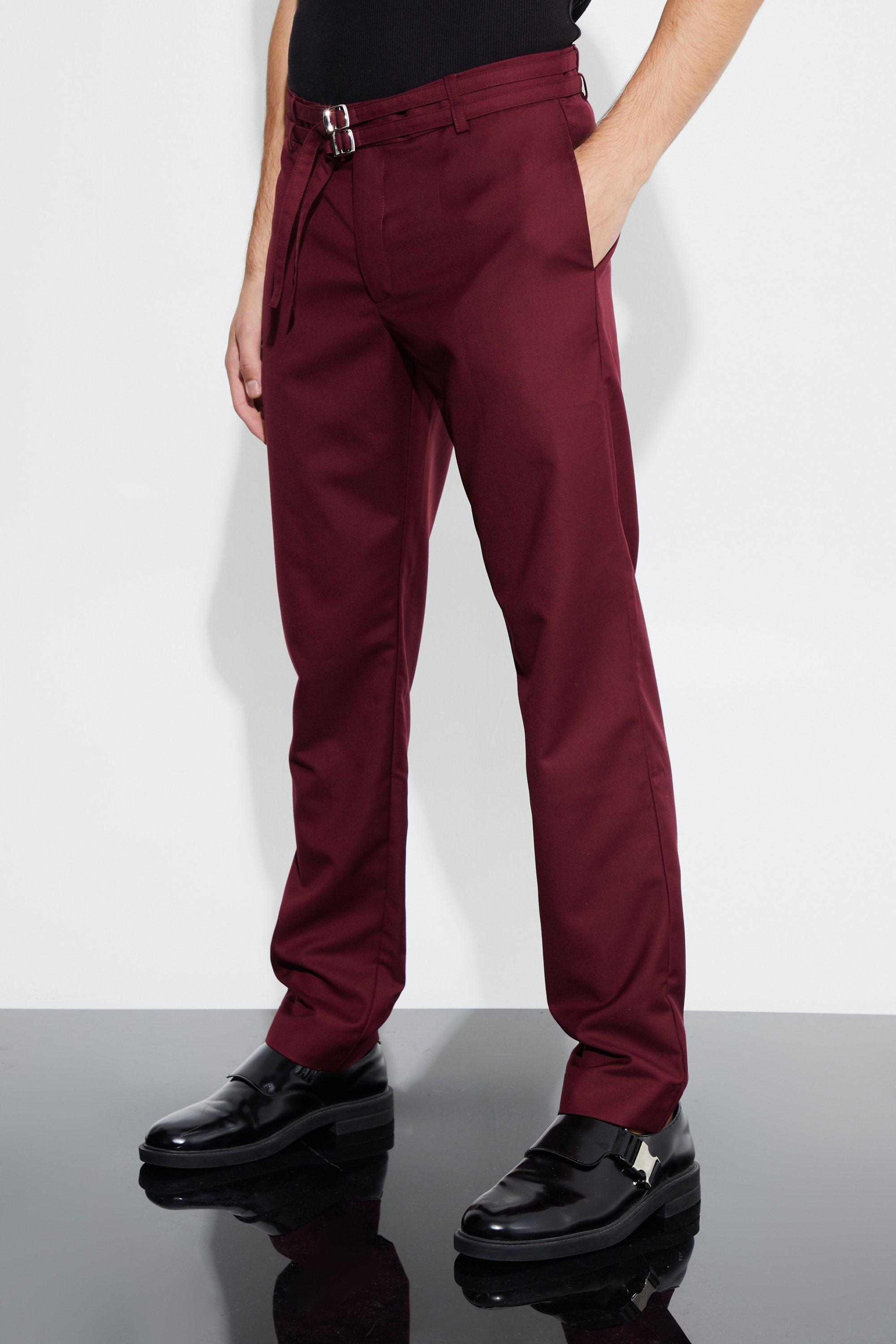 Mens Red Relaxed Fit Trouser With Double Belt Detail, Red