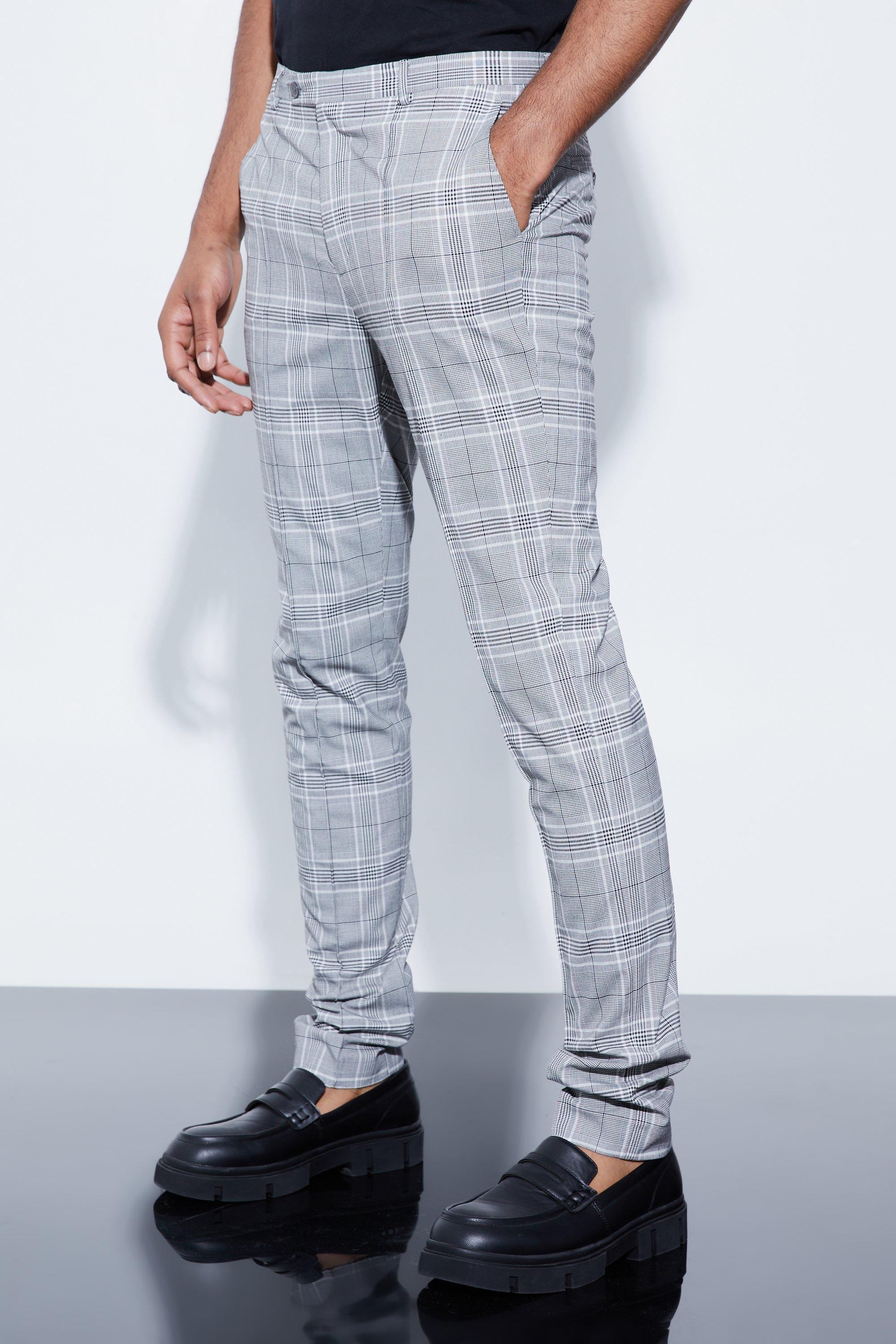 Mens Grey Tall Skinny Fit Black Check Trouser With Pintuck, Grey