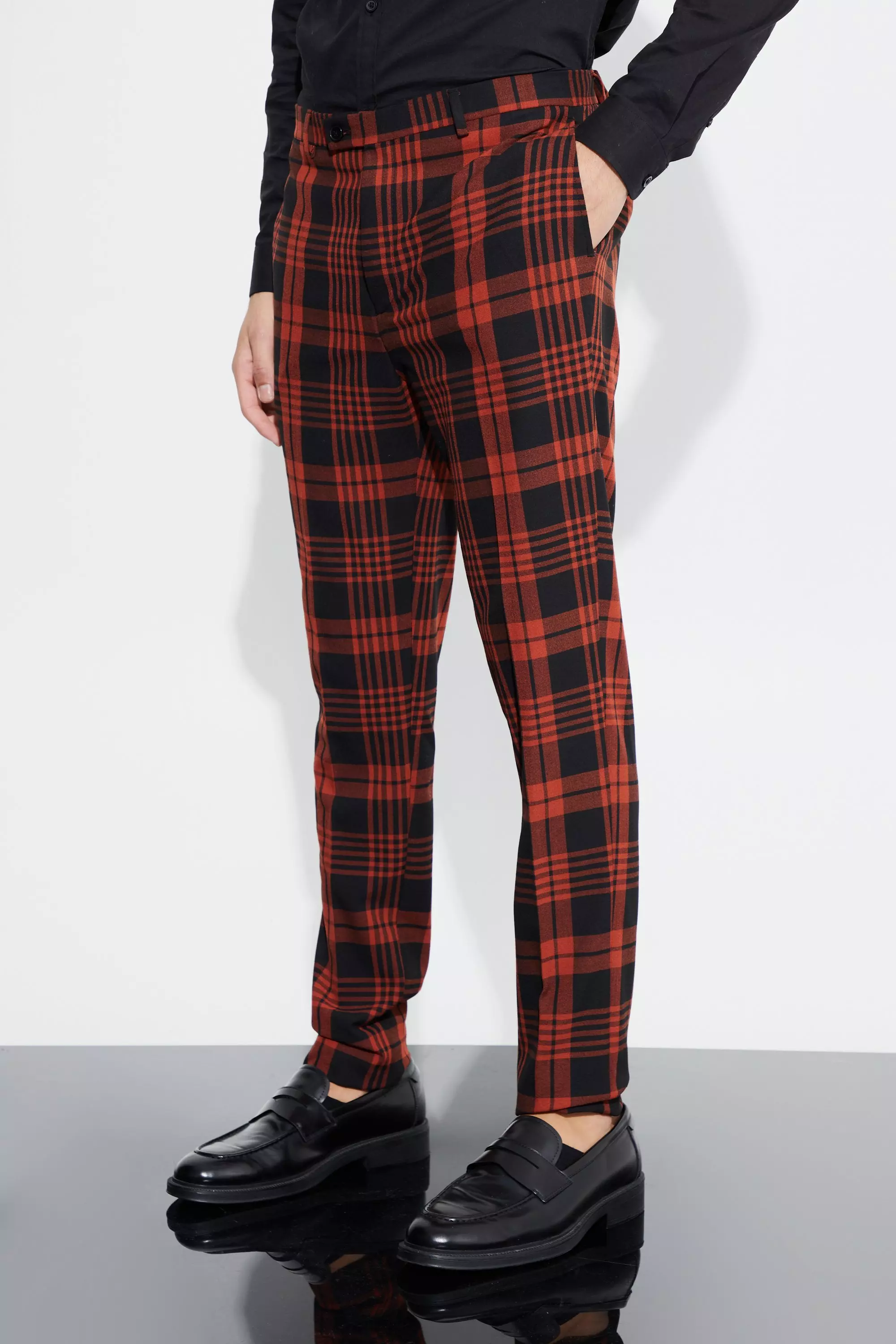 Mens super skinny hot sale tartan trousers