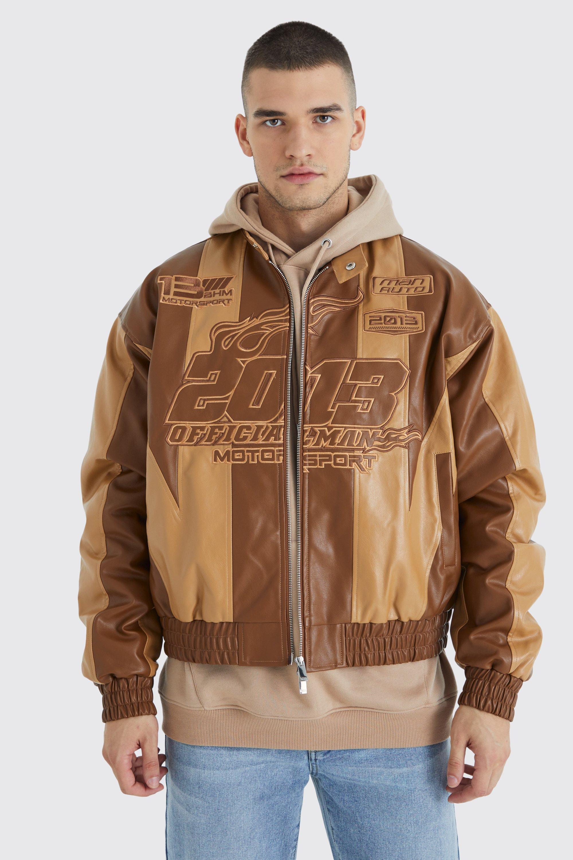 Mens Brown Tall Boxy Pu Panelled Applique Moto Jacket, Brown
