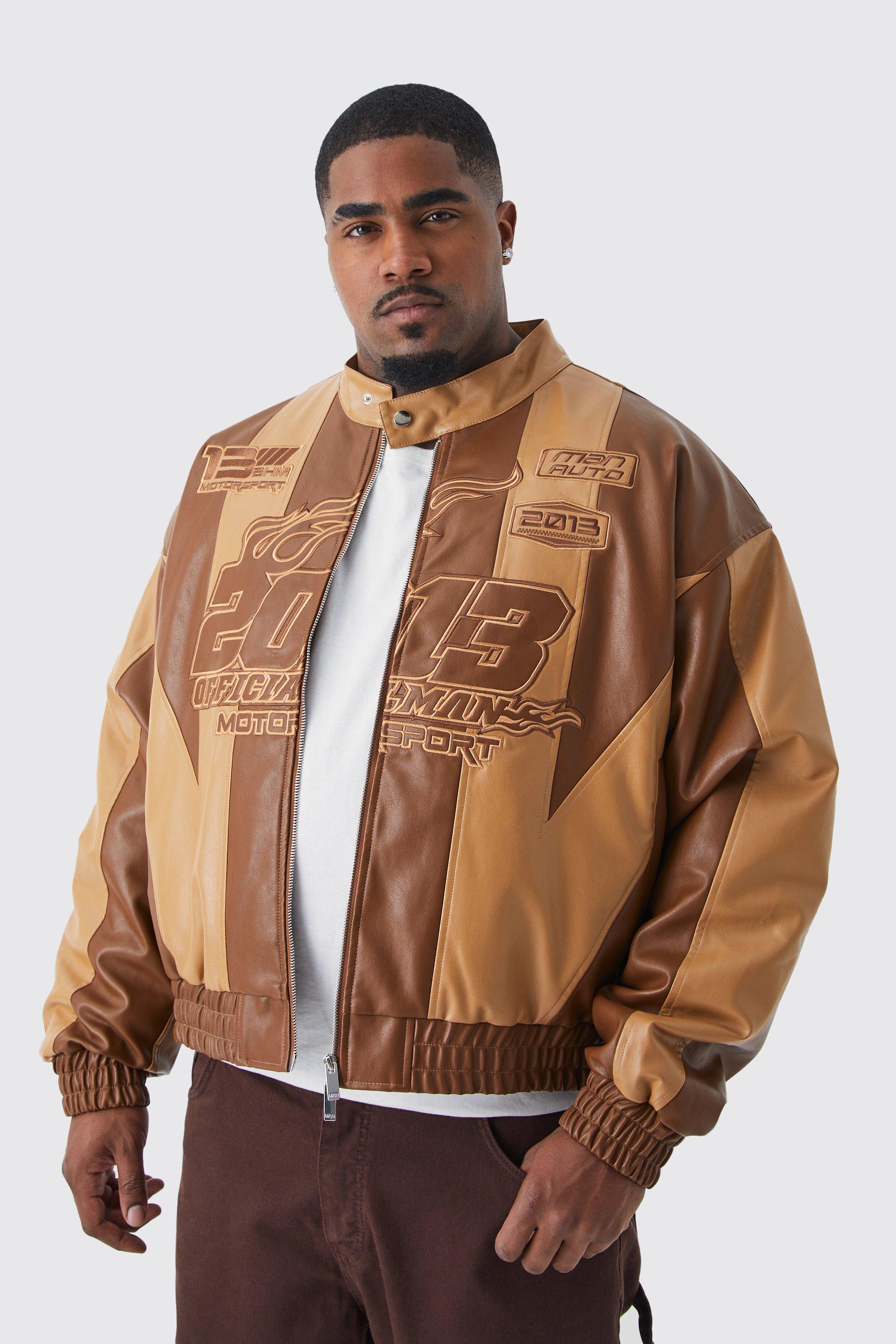 Mens Brown Plus Boxy Pu Panelled Applique Moto Jacket, Brown