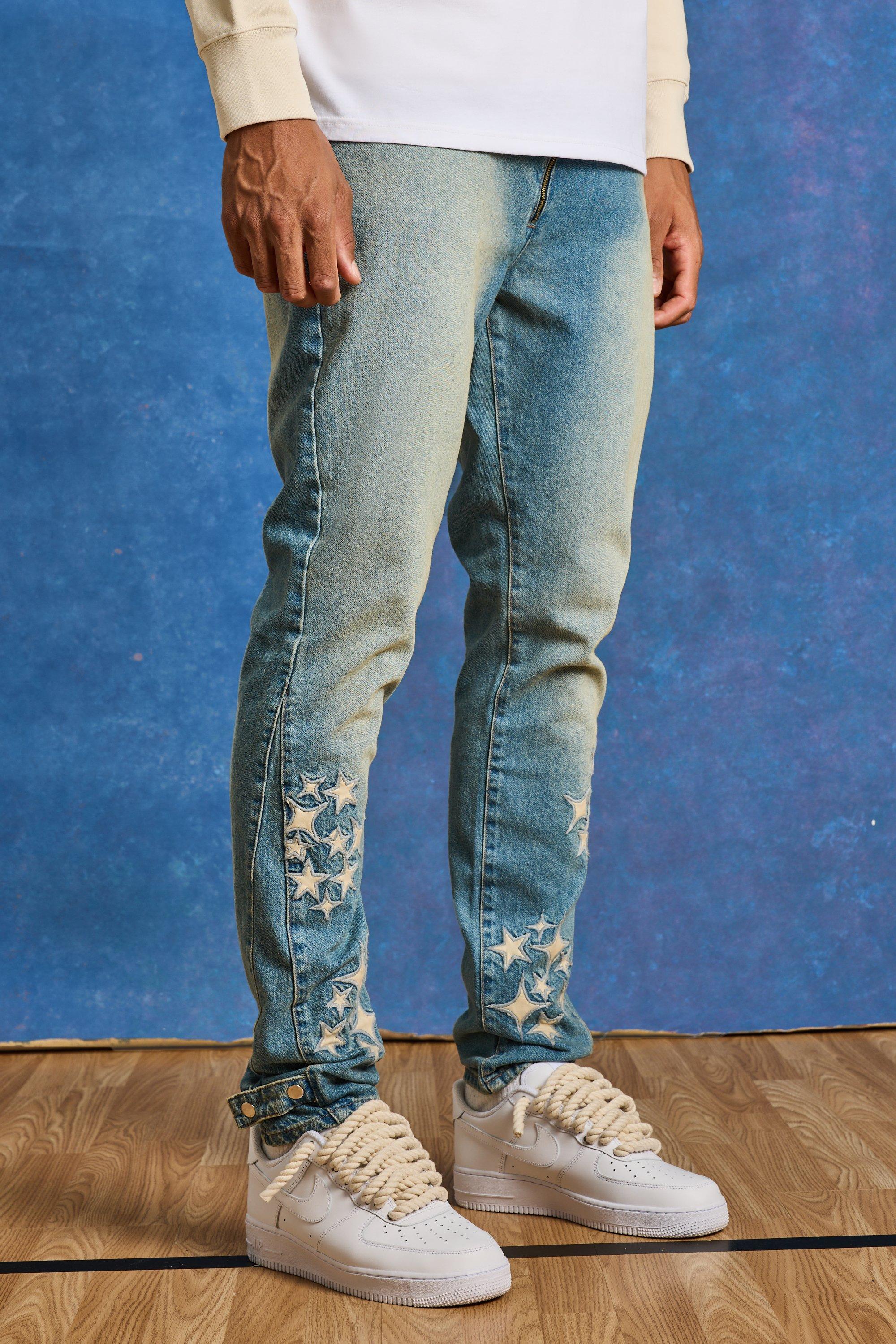 Image of Jeans Tall Slim Fit in PU rigido con applique e inserti, Grigio