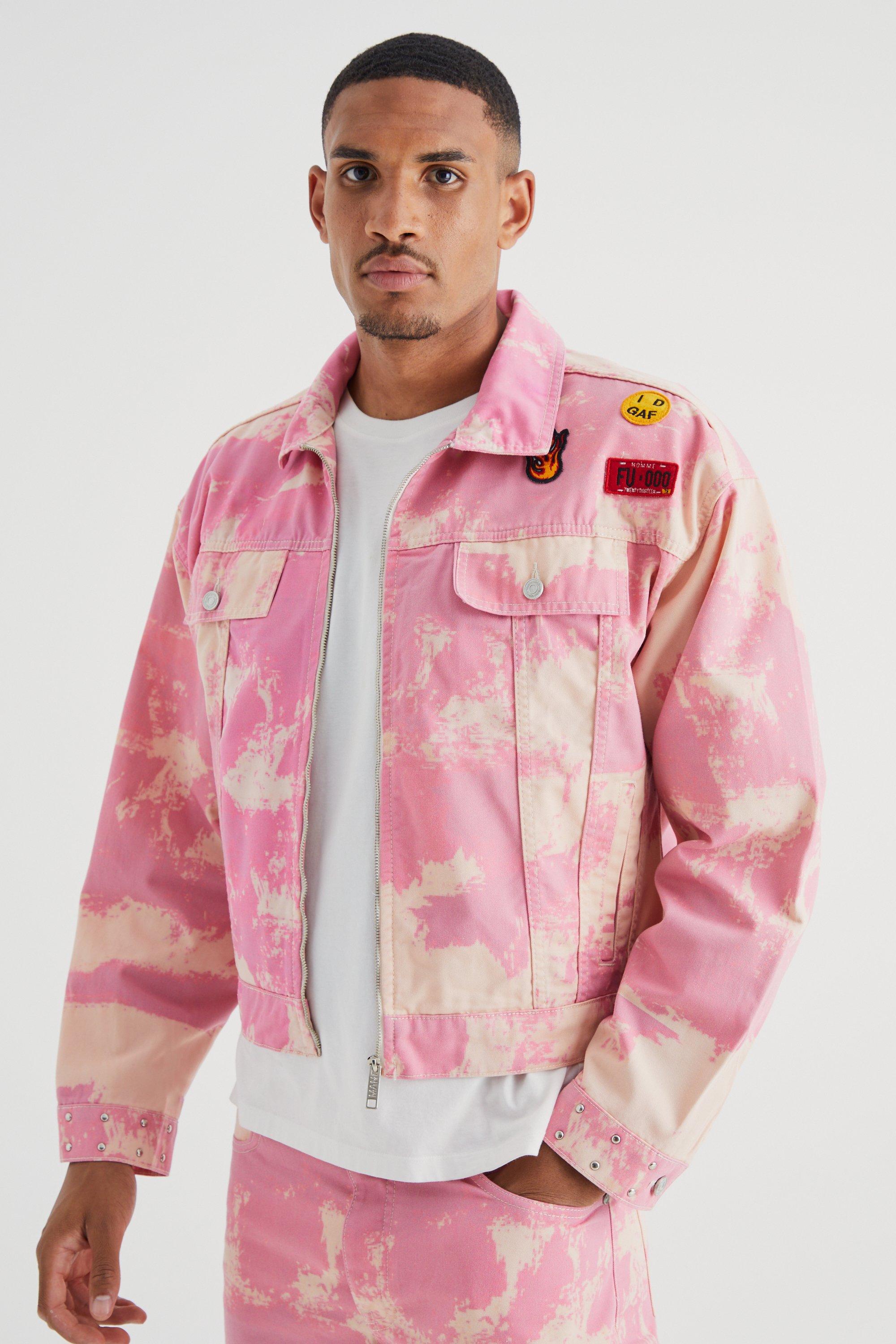 Mens Pink Tall Boxy Fit Bleached Denim Jacket, Pink