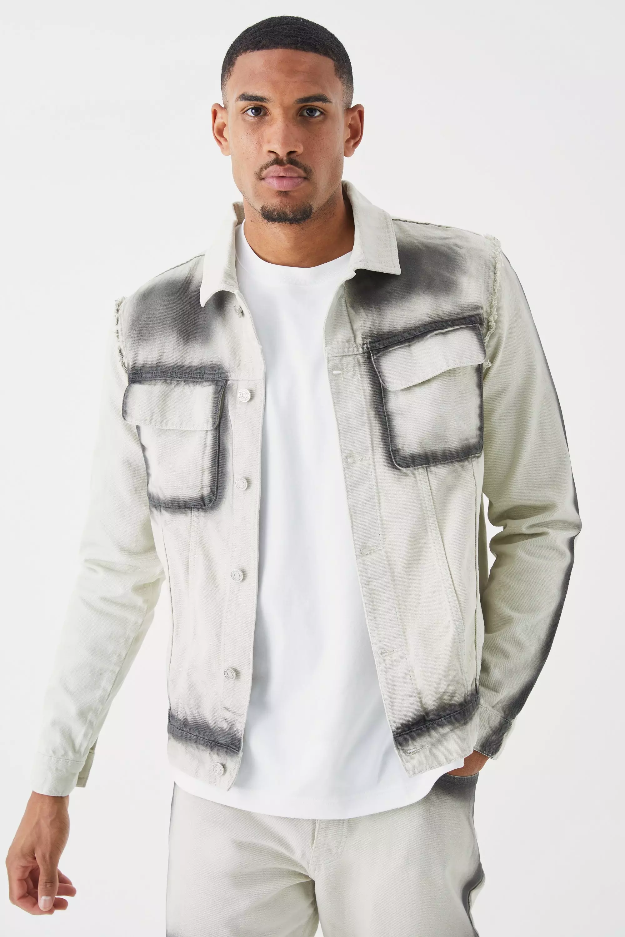 Tall Pigment Dyed Distressed Denim Jacket | boohooMAN USA