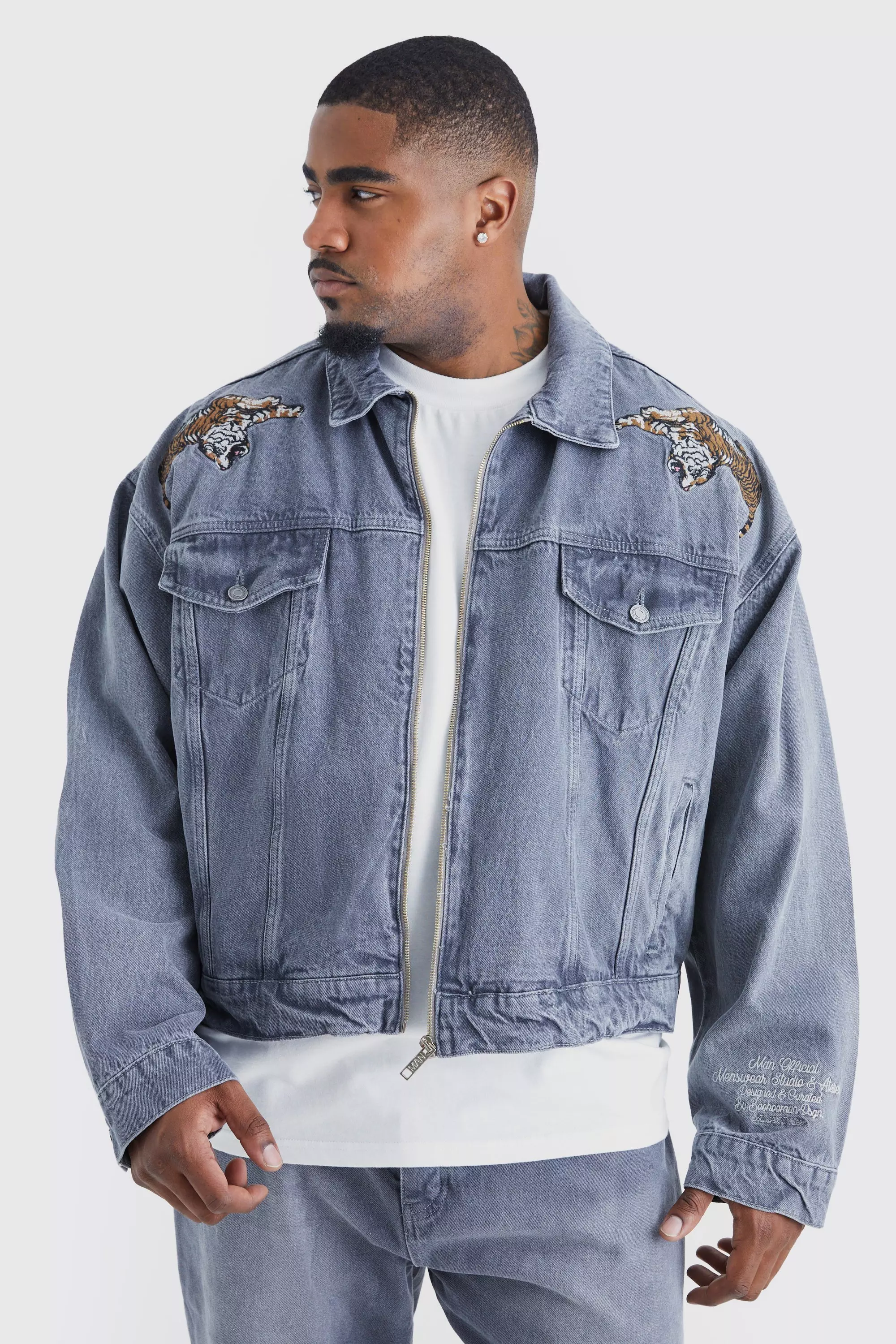 Plus Boxy Fit Tiger Applique Denim Jacket | boohooMAN USA