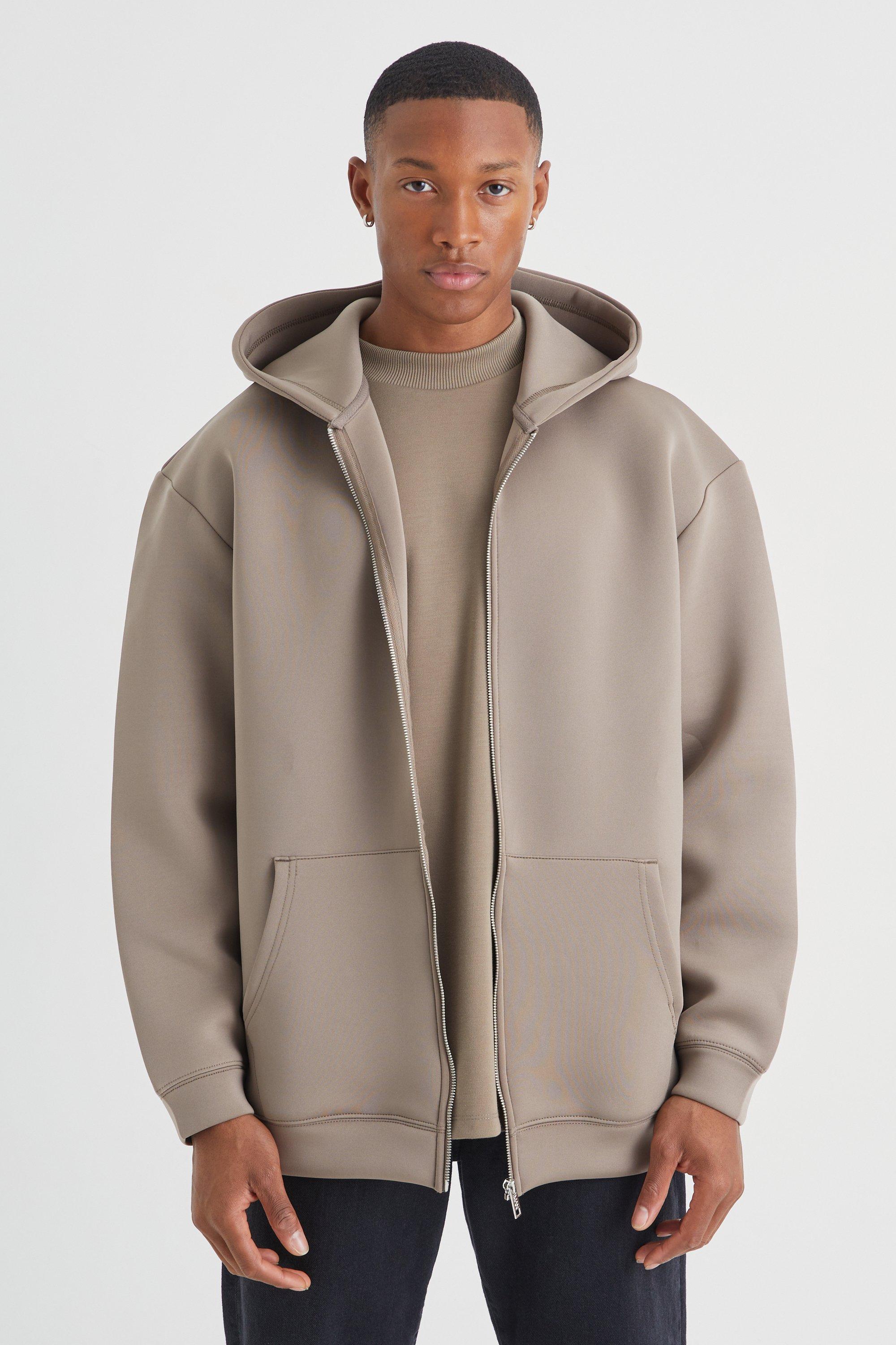 Mens Beige Oversized Zip Through Bonded Scuba Hoodie, Beige