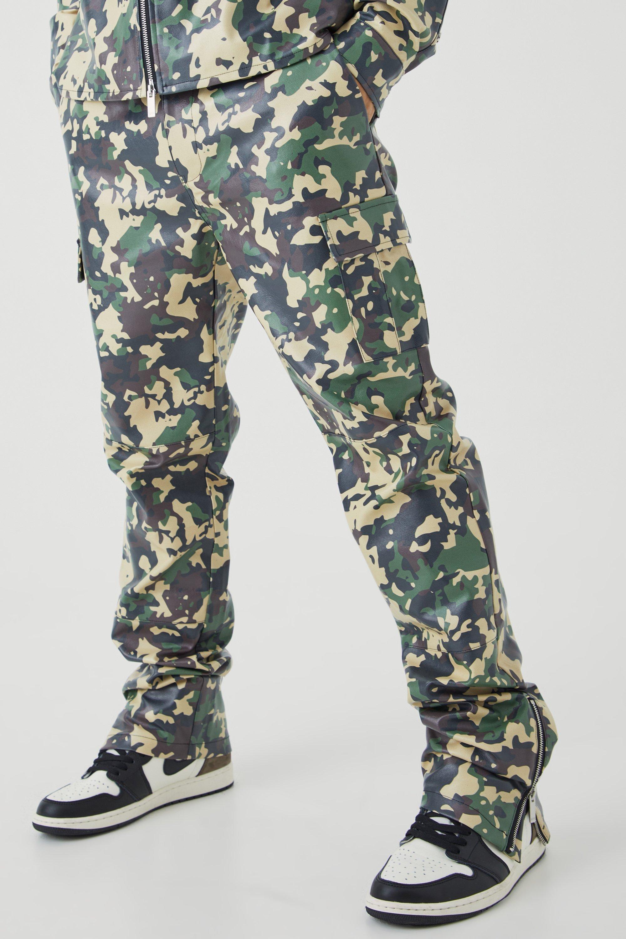 men's pu straight leg fixed waist stacked camouflage cargo trouser - multi - s, multi