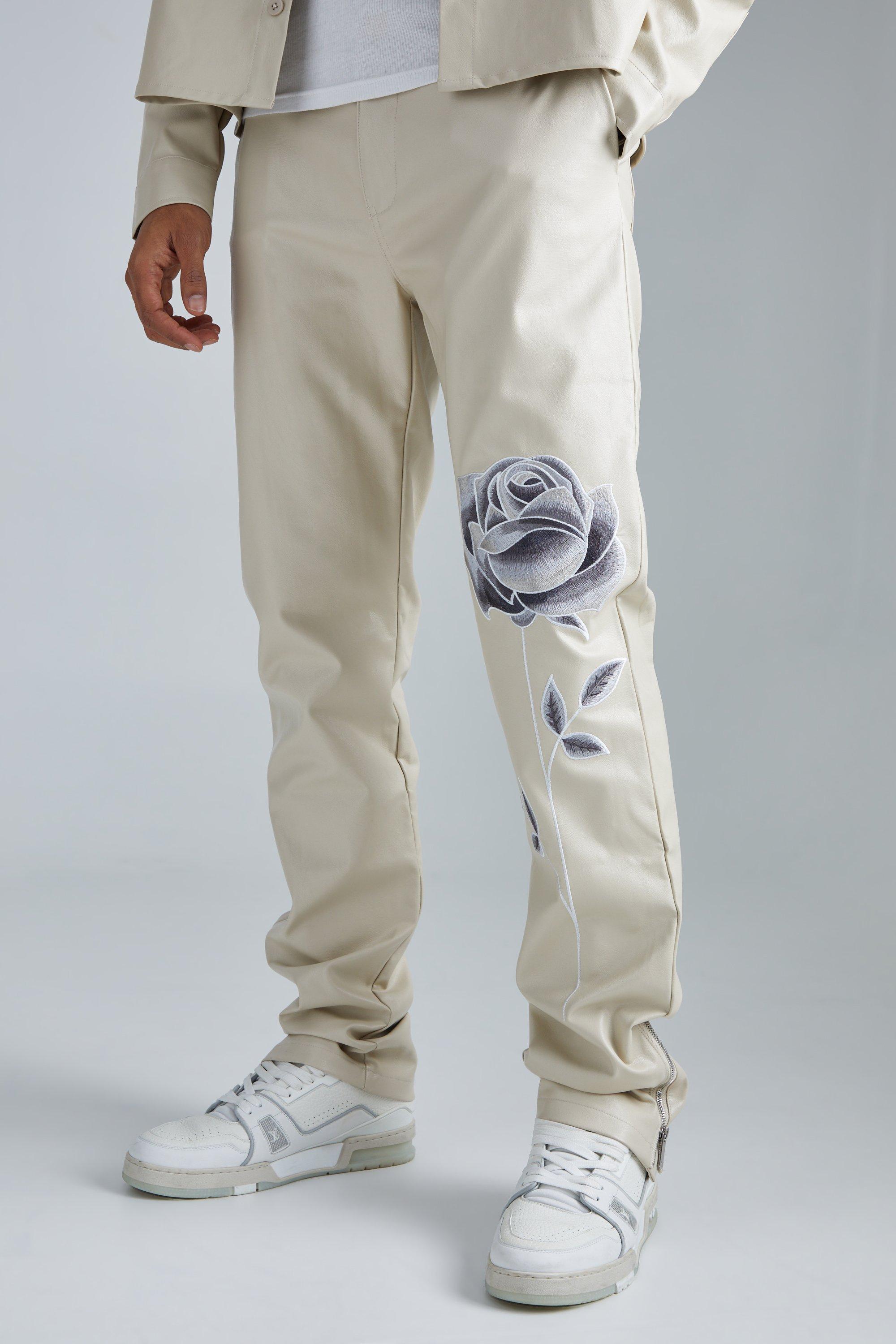 Mens Beige Pu Stacked Straight Leg Zip Gusset Embroidered Trouser, Beige