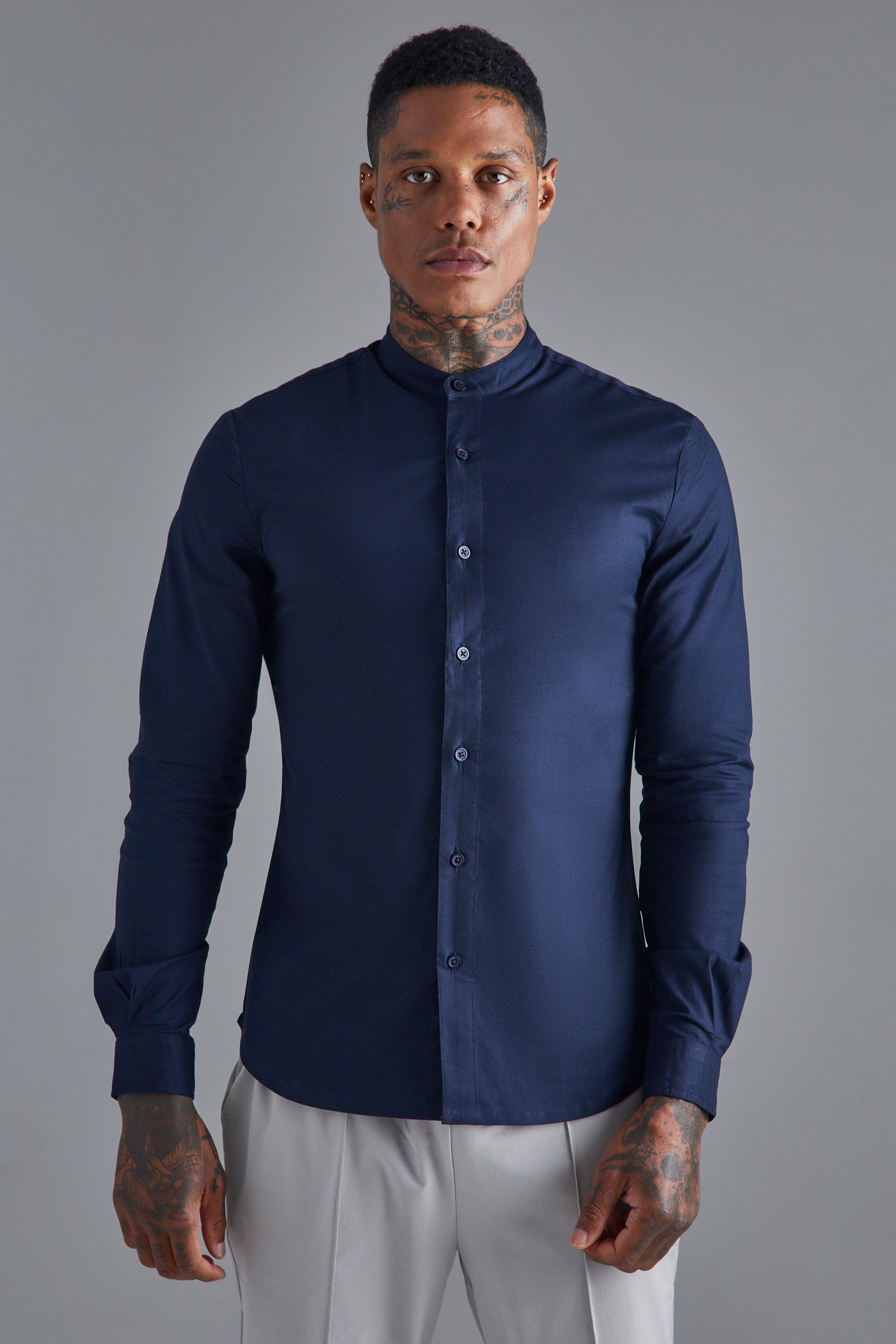 Camicia attillata a maniche lunghe con colletto serafino, Navy