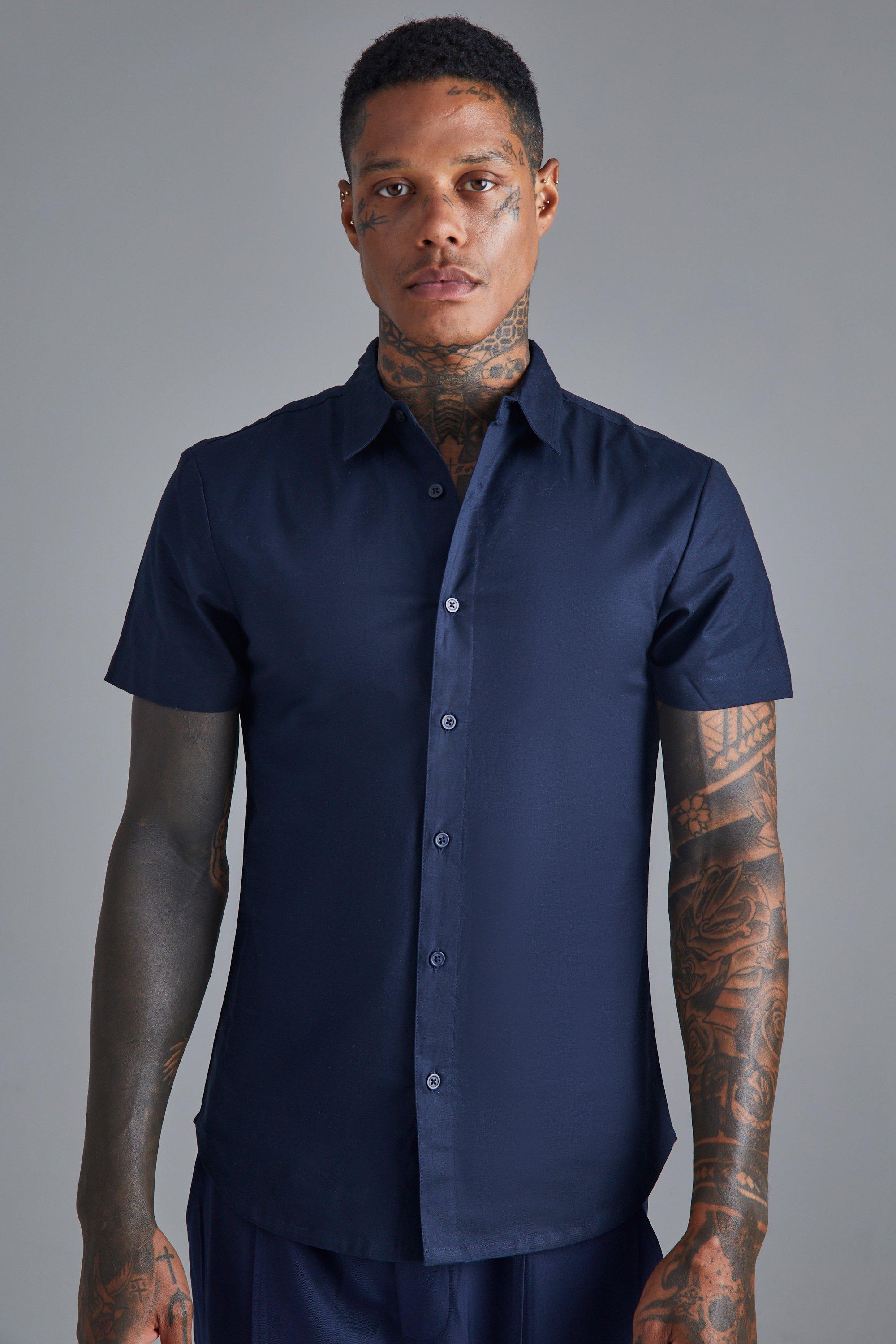 Mens Navy Short Sleeve Slim Shirt, Navy