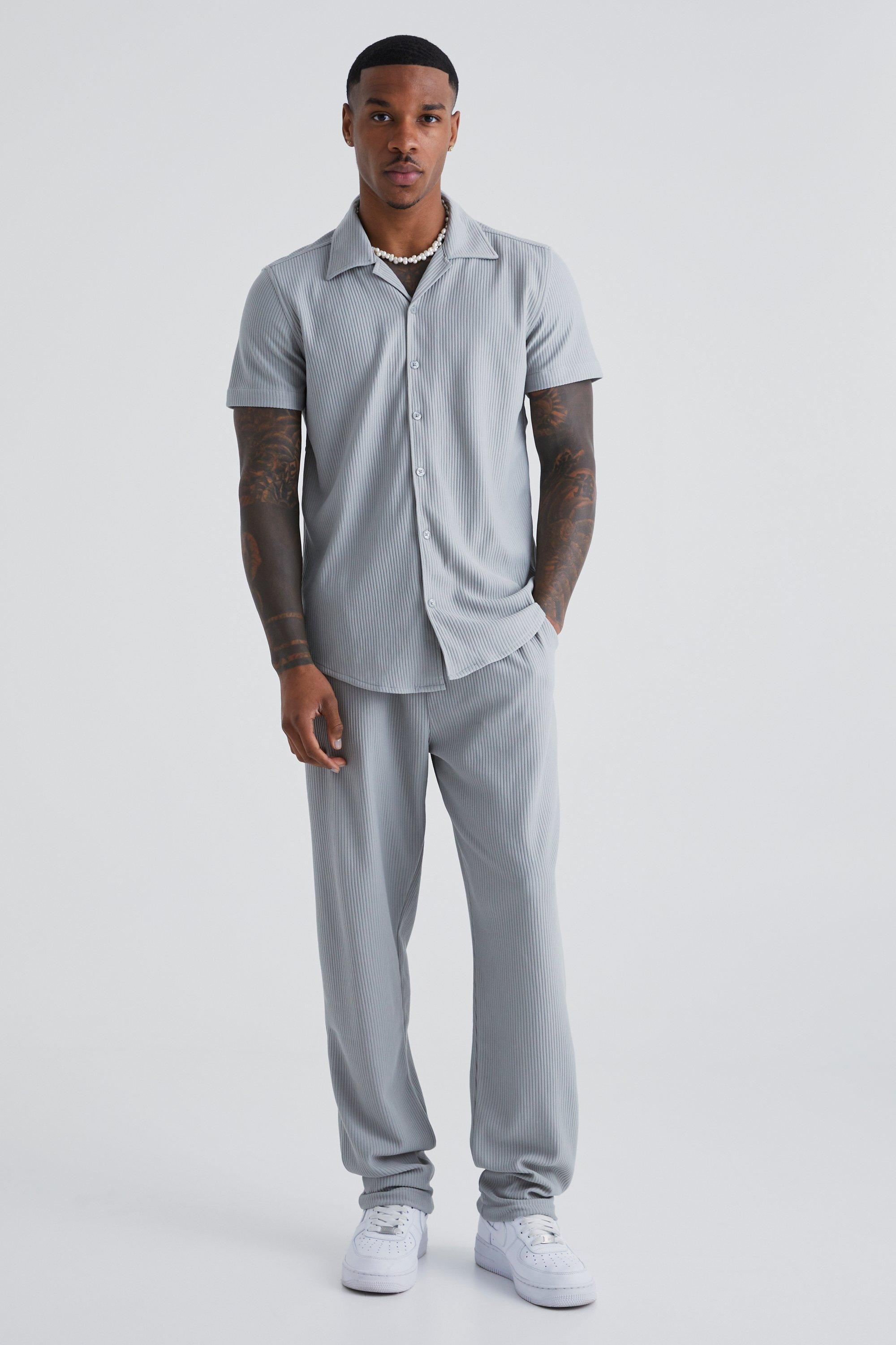 Mens Grey Smart Revere Shirt And Trouser Set, Grey