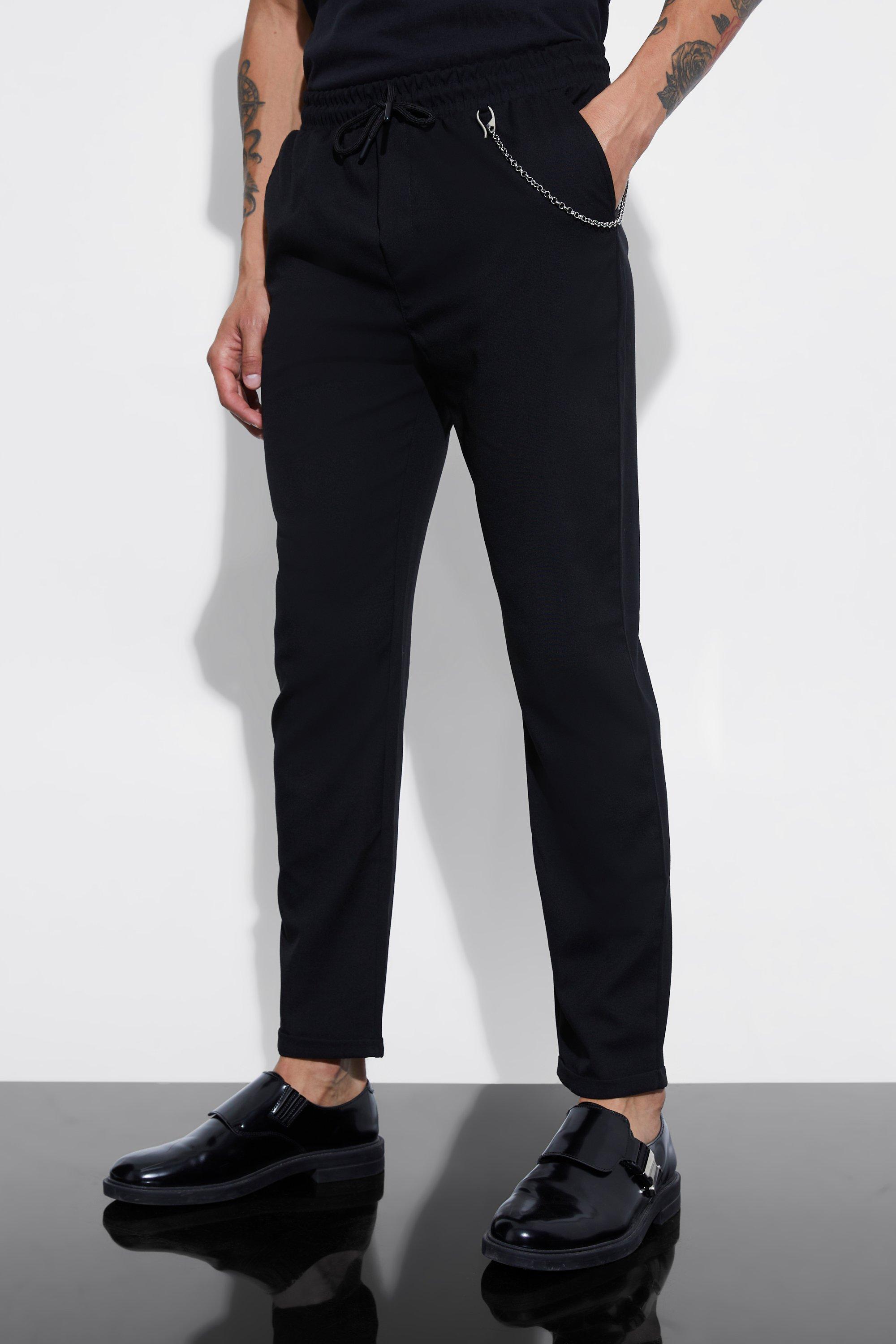 Image of Pantaloni Smart con vita elasticizzata e dettagli a catena, Nero