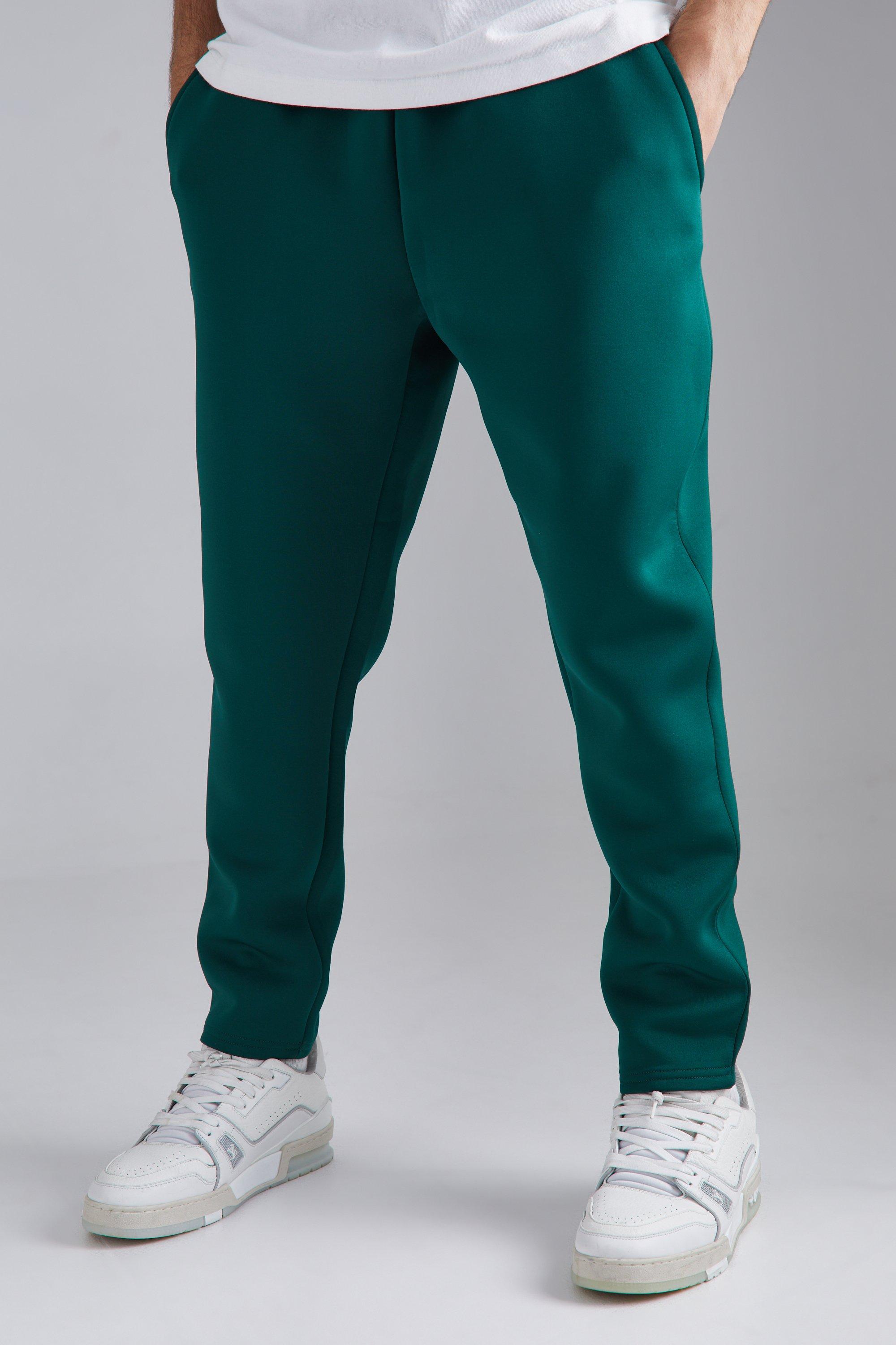 Mens Green Slim Tapered Cropped Bonded Scuba Jogger, Green