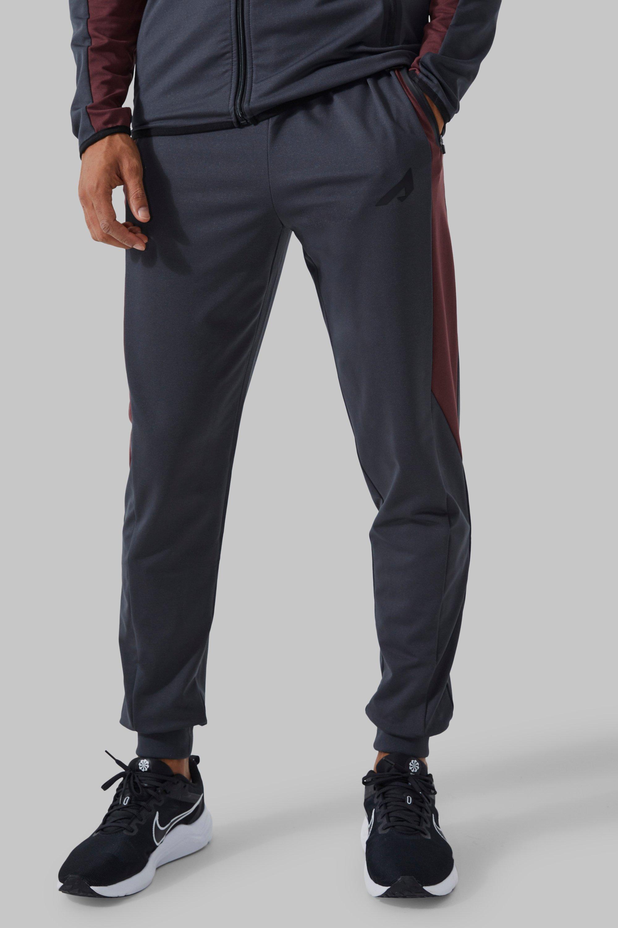 Mens Maroon Active Colour Block Panelled Joggers, Maroon