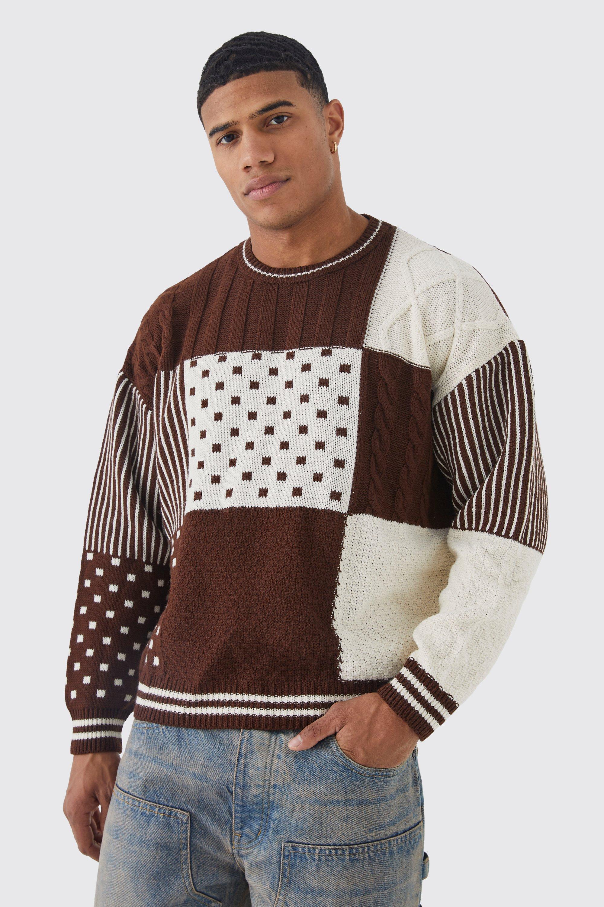 Mens Brown Oversized Boxy Cable Checkerboard Jumper, Brown