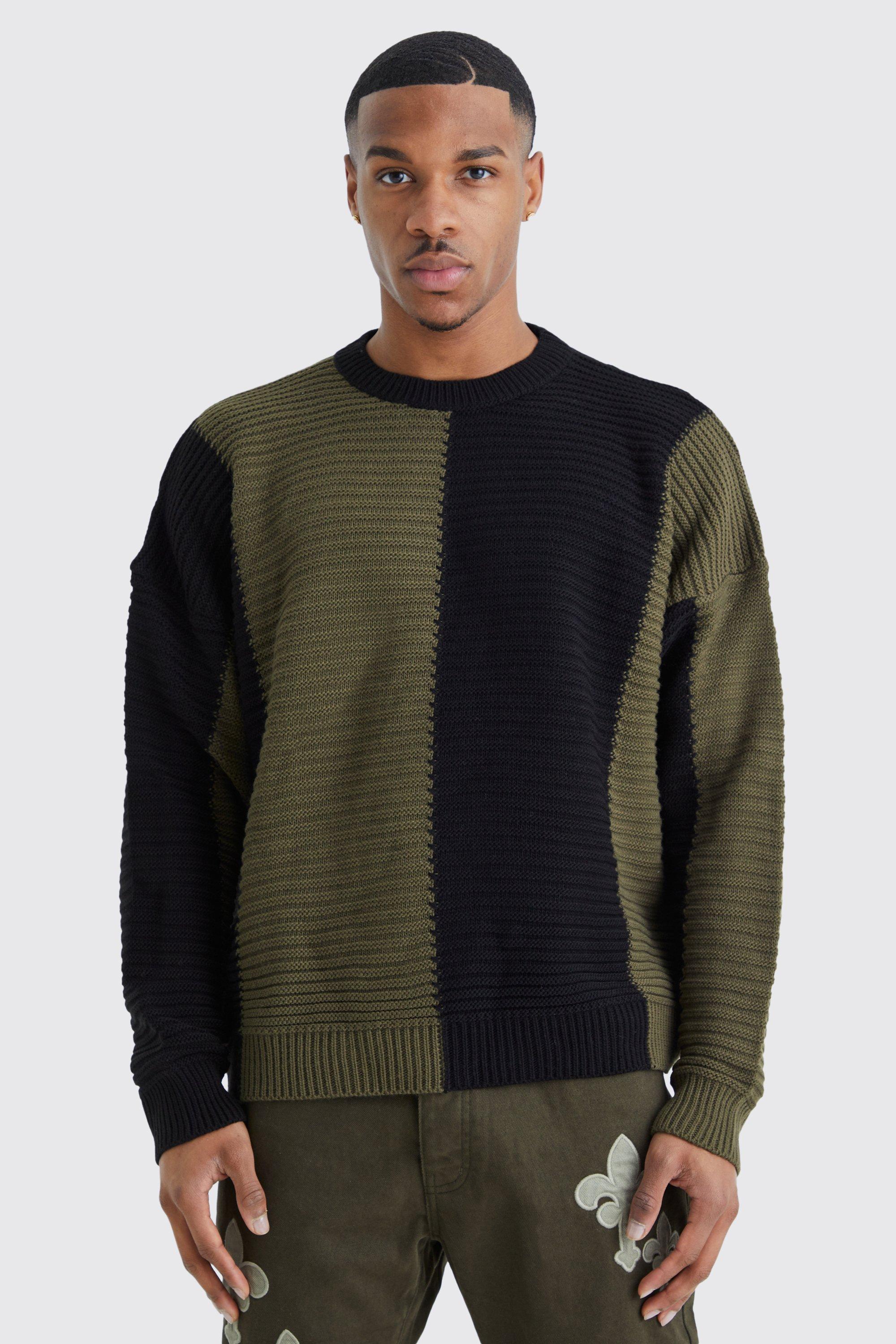 Mens Green Oversized Pleated Colour Block Jumper, Green