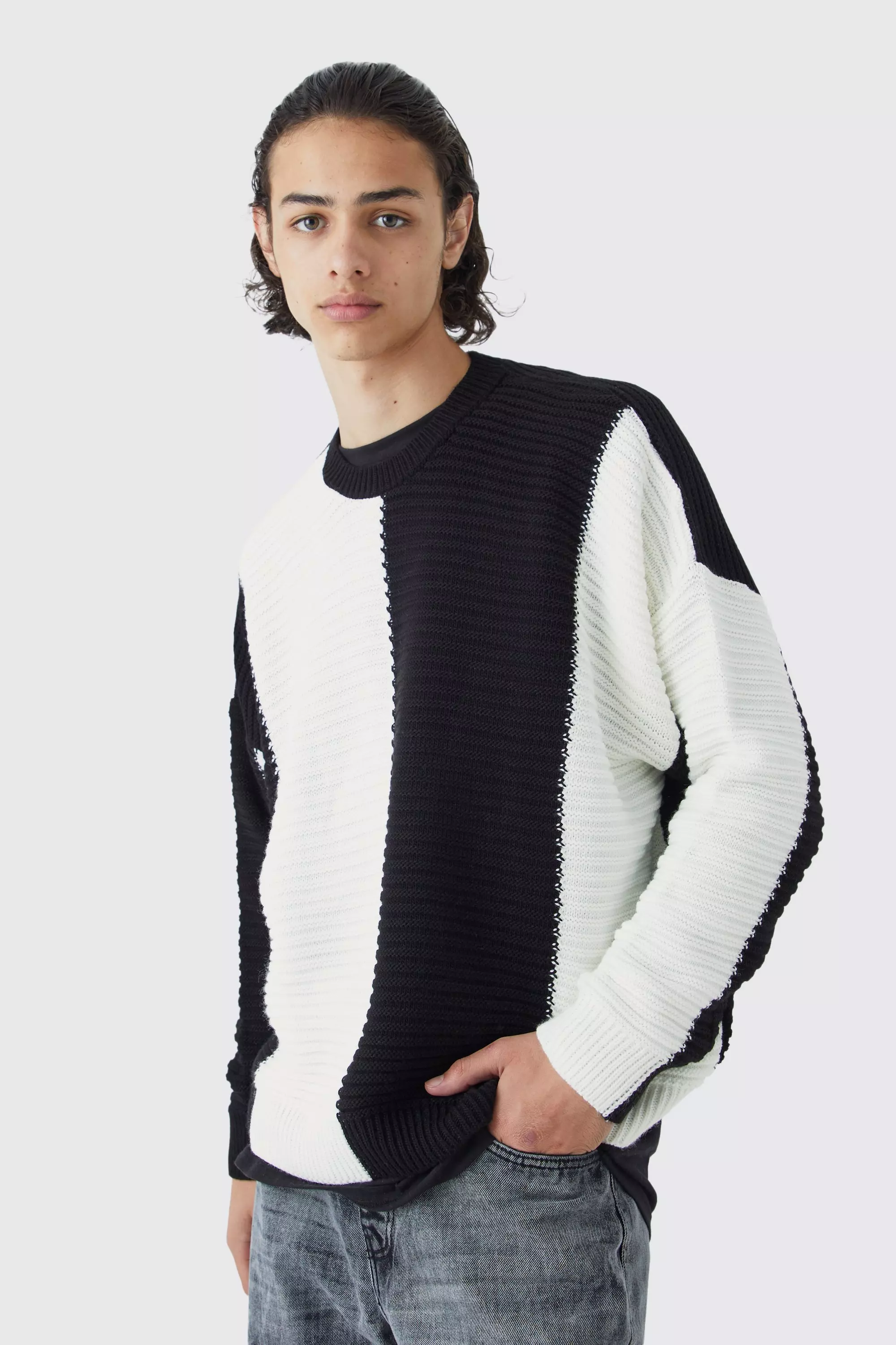 Oversized Pleated Colour Block Jumper | boohooMAN USA