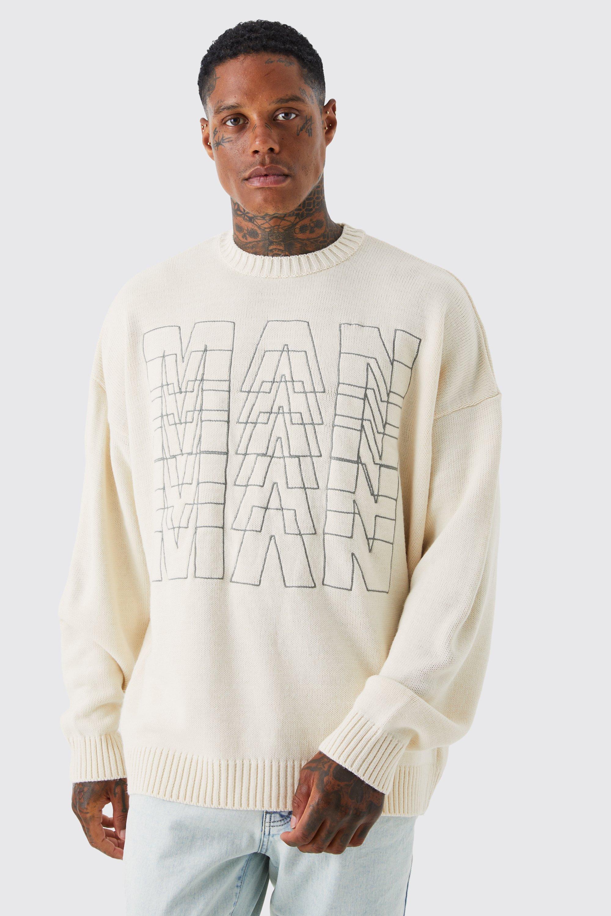 Mens Cream Oversized Man Line Graphic Knitted Jumper, Cream