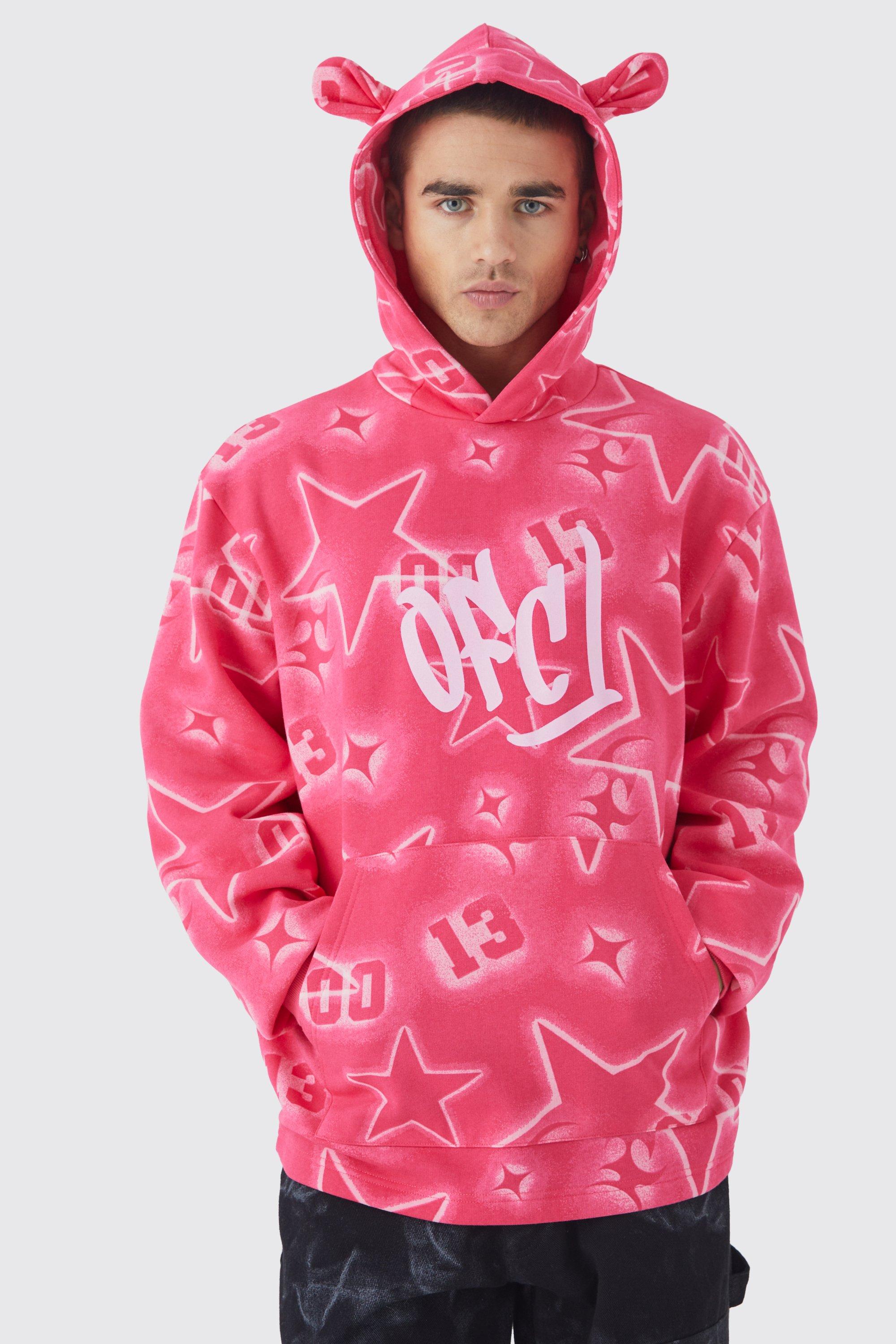 Mens Pink Oversized All Over Graffiti Ear Hoodie, Pink