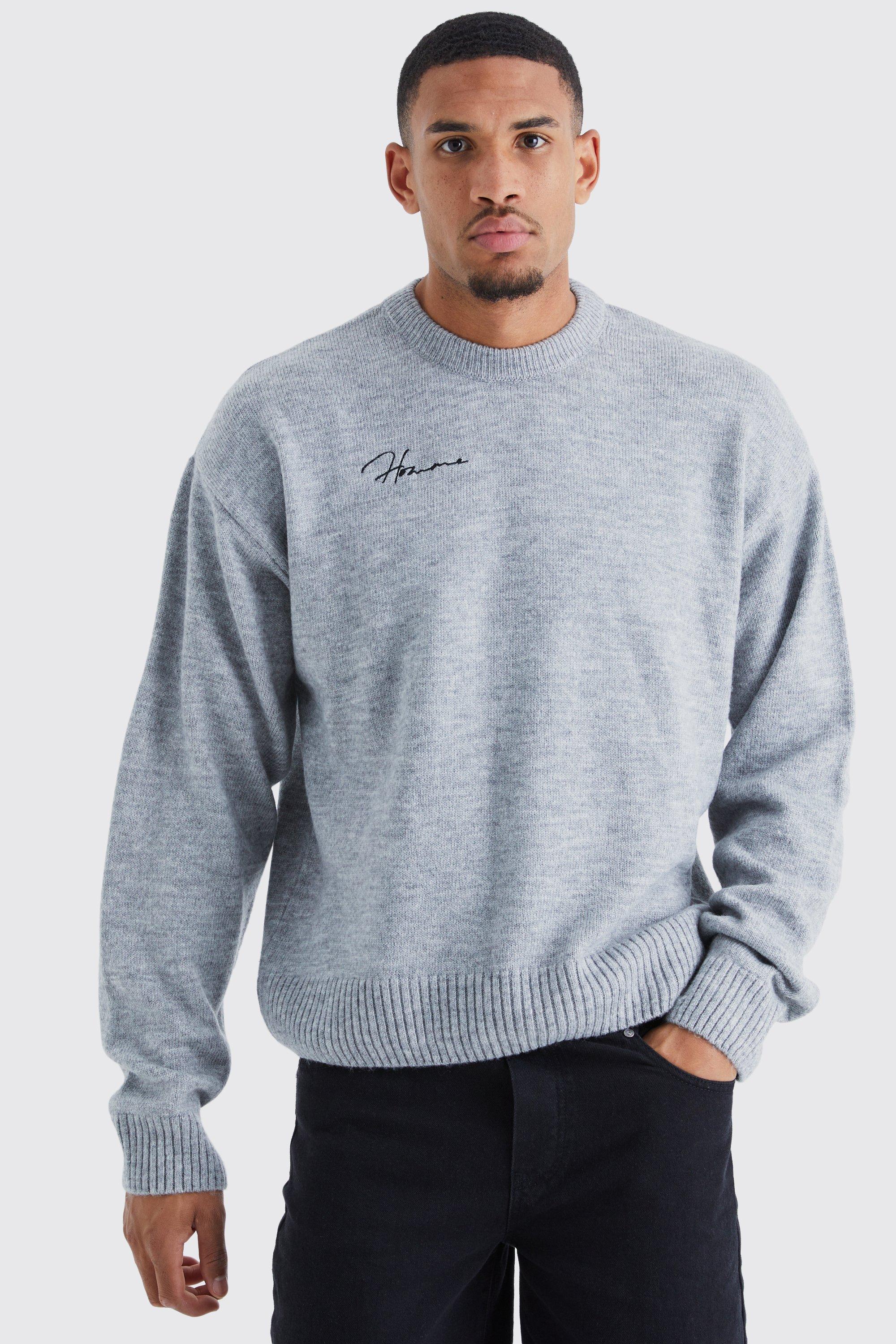 Mens Grey Tall Boxy Homme Extended Neck Brushed Rib Knit Jumper, Grey