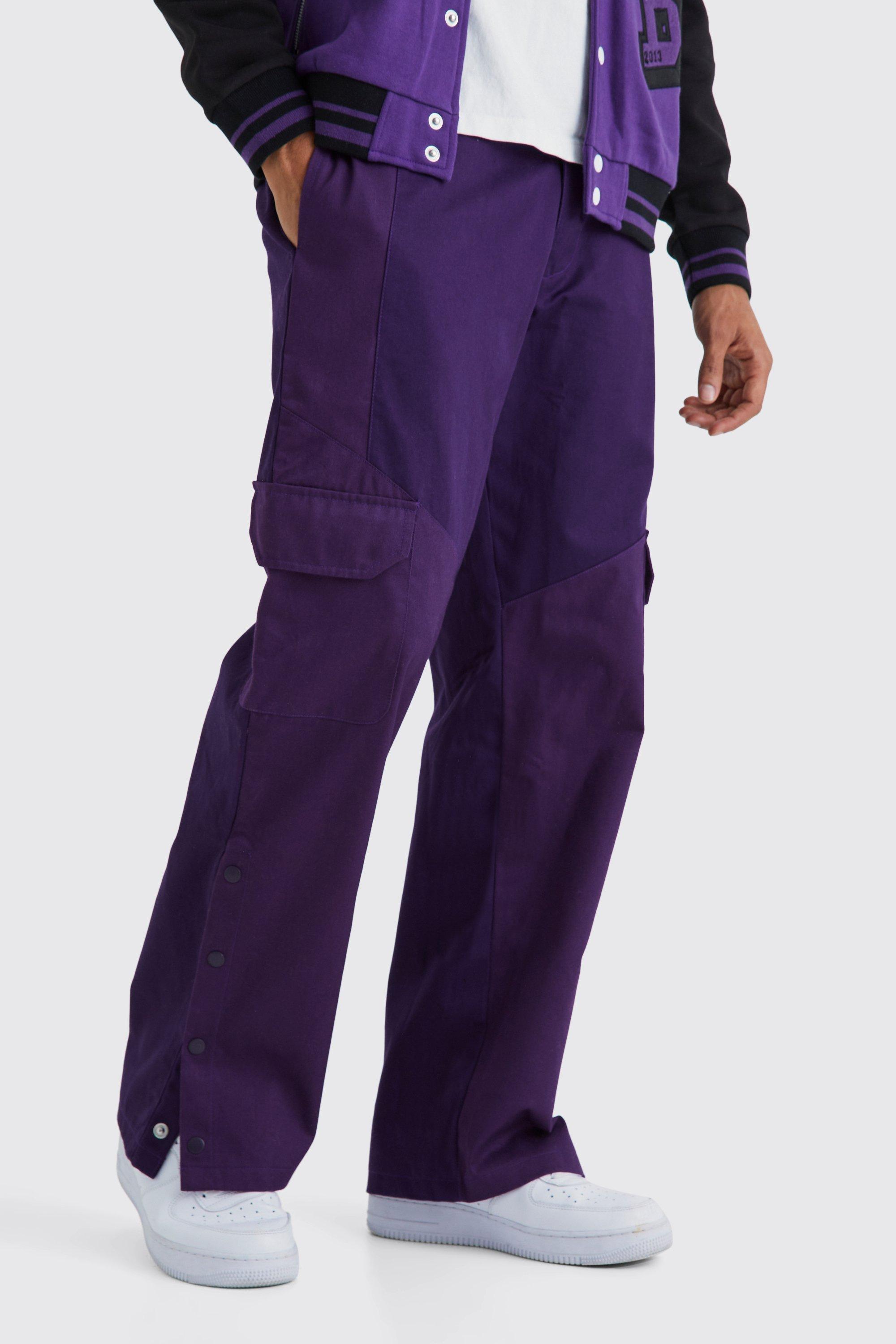 Mens Purple Slim Fit Colour Block Cargo Trouser With Woven Tab, Purple