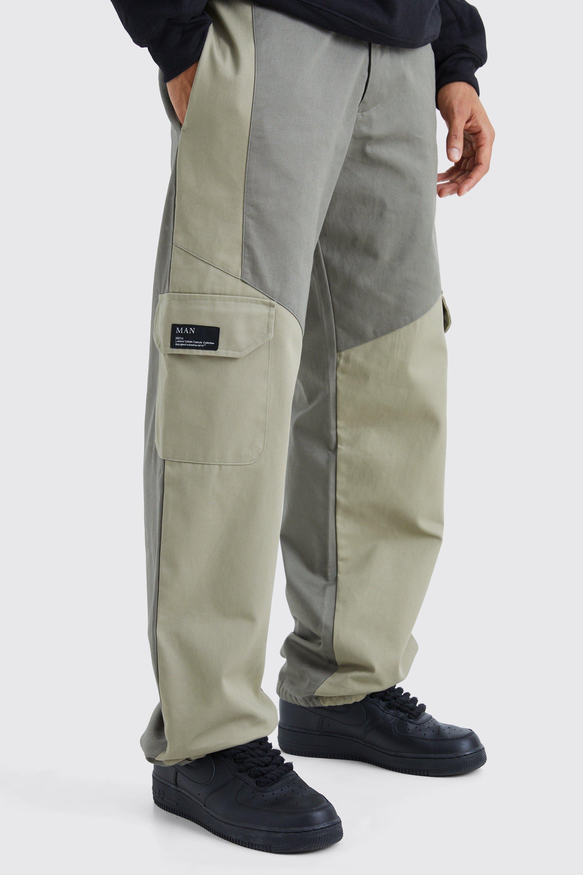 Mens Green Slim Fit Colour Block Cargo Trouser With Woven Tab, Green