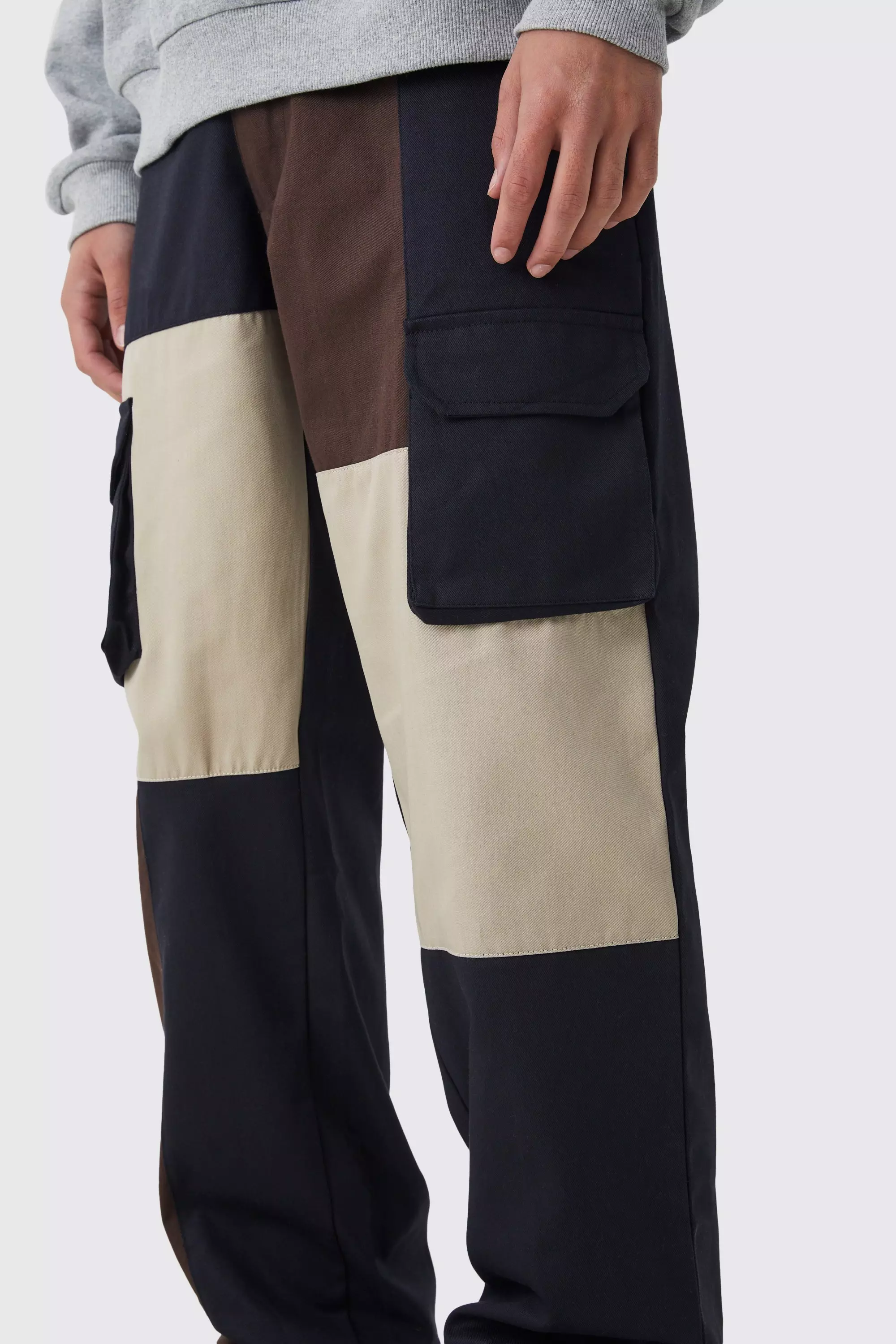 Relaxed Fit Multi Colour Block Cargo Trouser boohooMAN UK