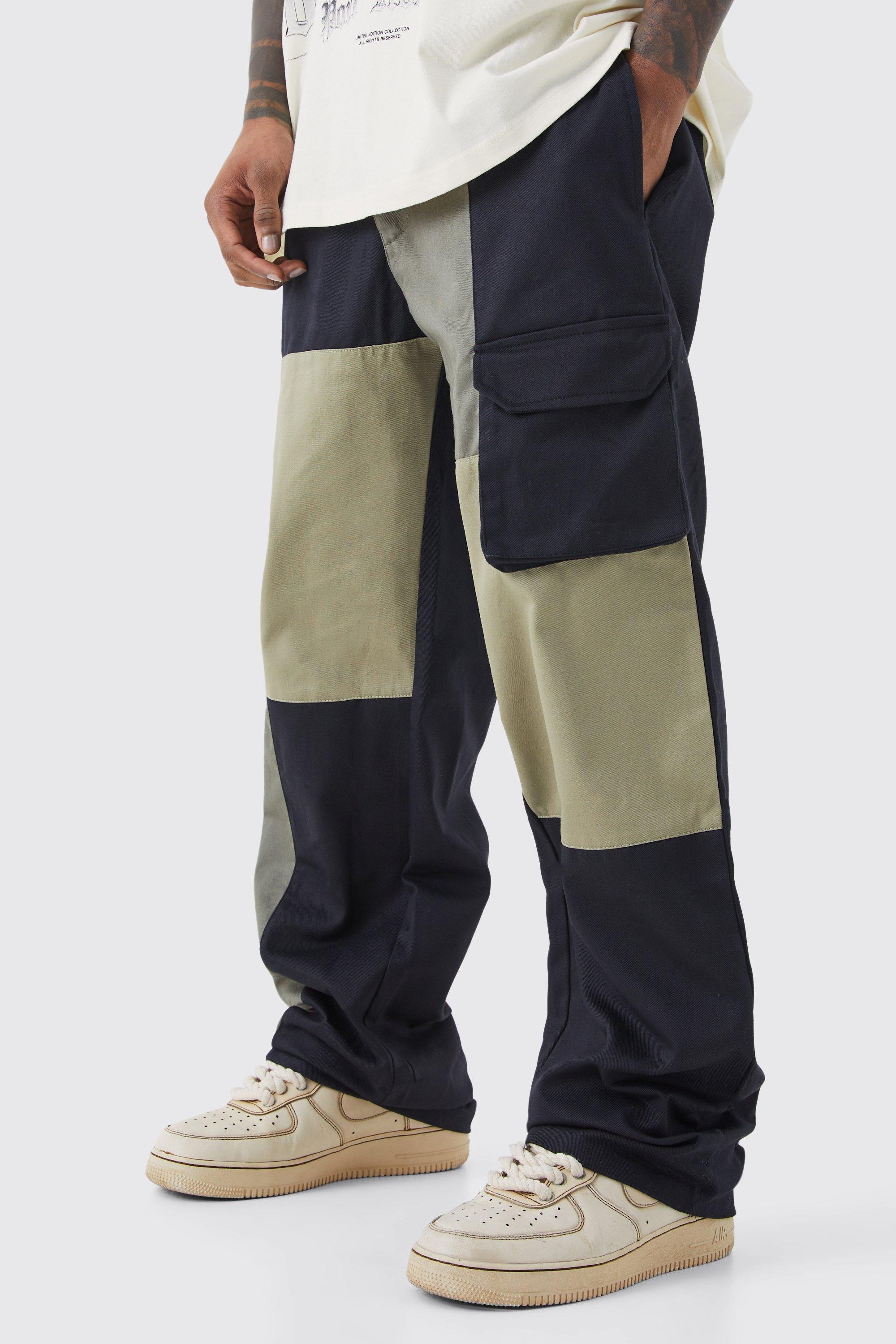 Mens Green Relaxed Fit Multi Colour Block Cargo Trouser, Green