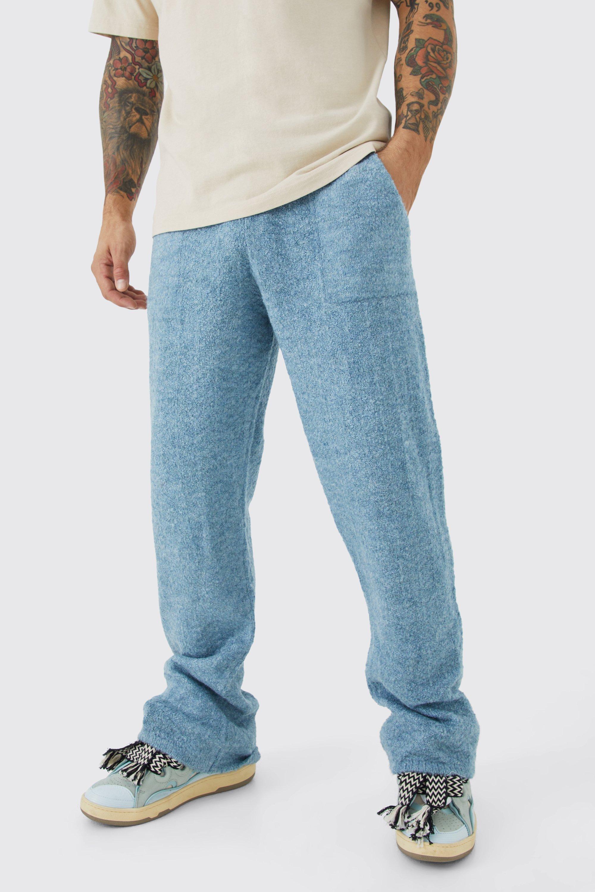 Image of Pantaloni tuta rilassati a gamba ampia in maglia a spina di pesce, Azzurro