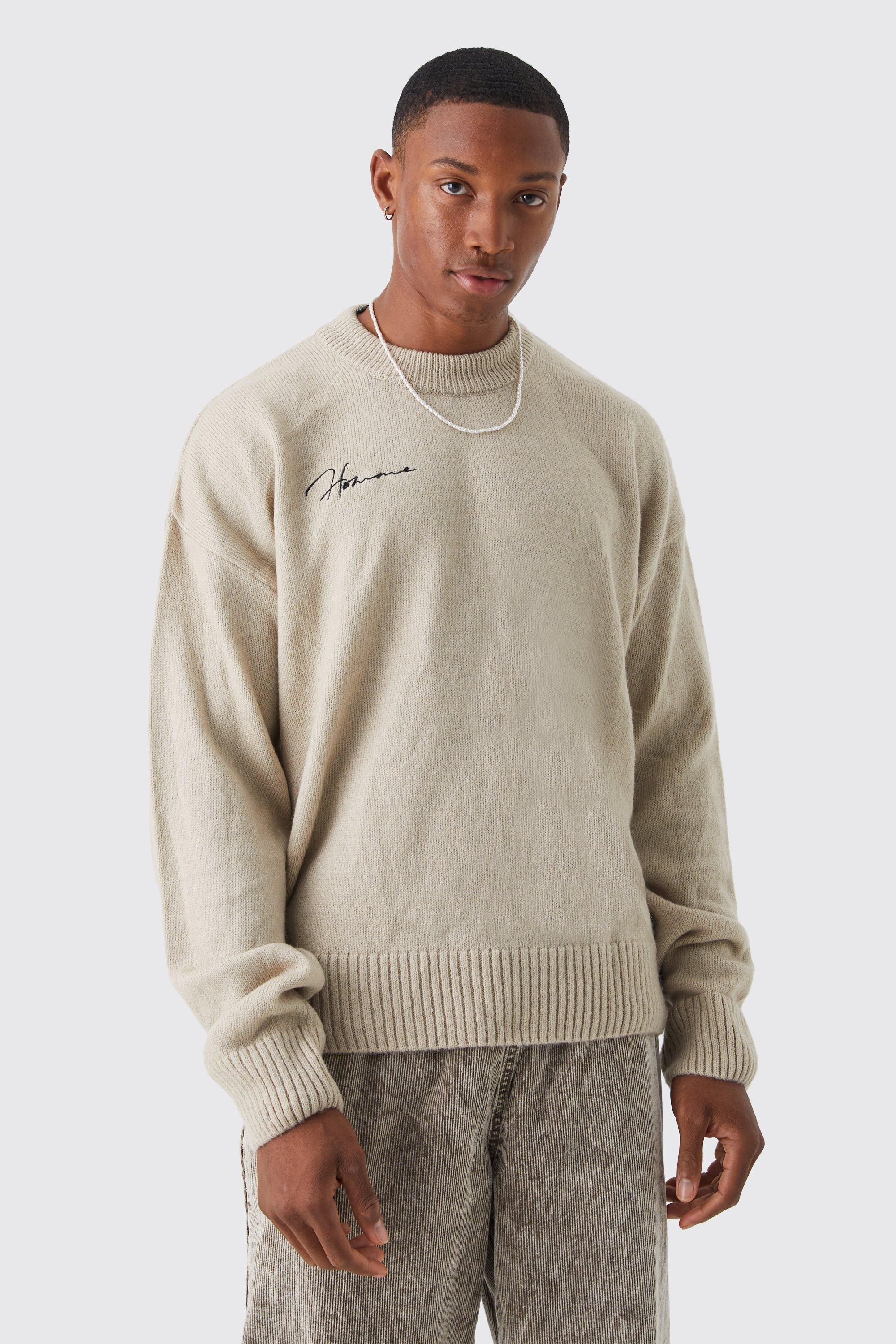 Mens Beige Boxy Homme Extended Neck Brushed Rib Knit Jumper, Beige