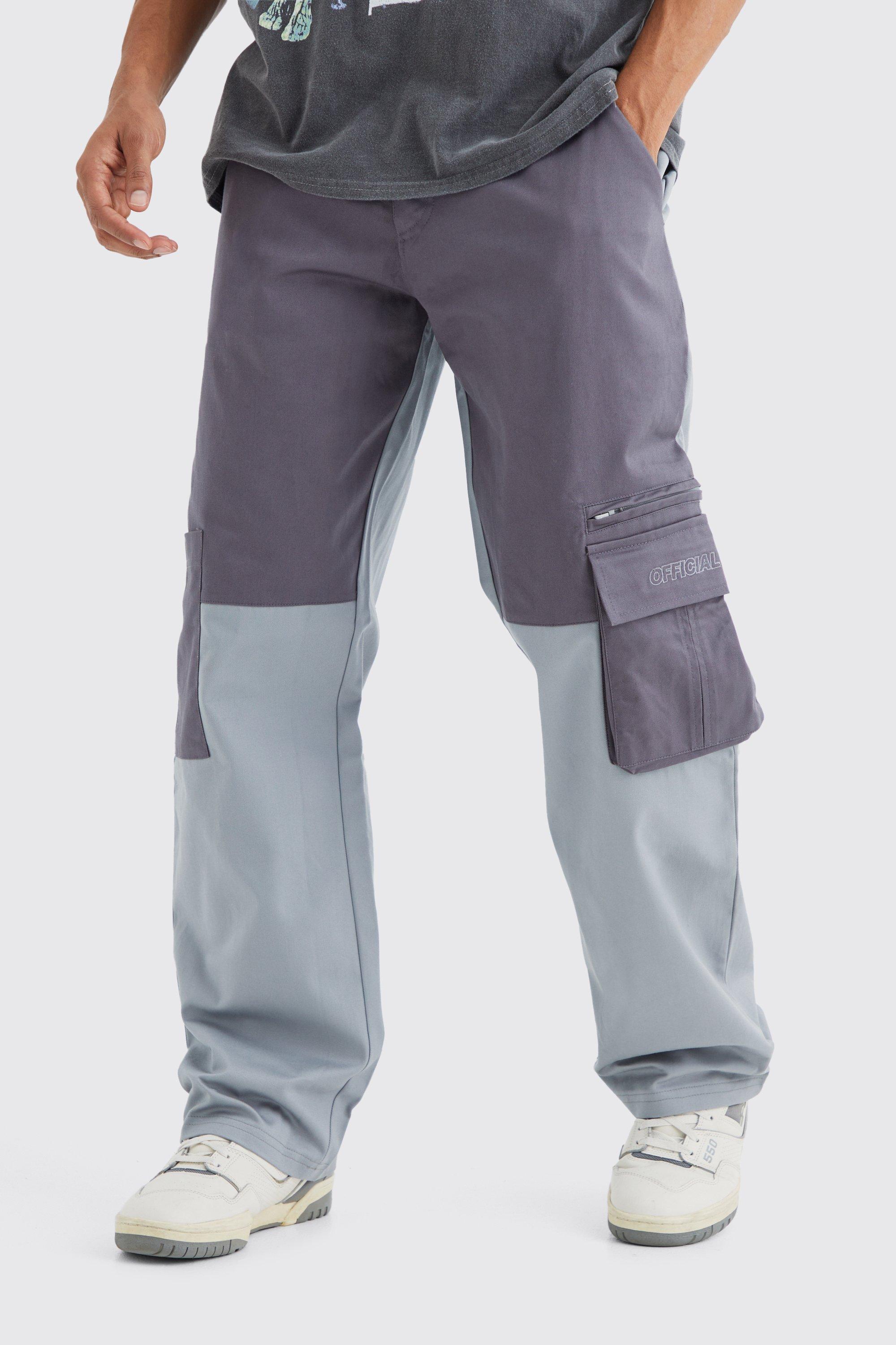 Mens Grey Slim Flare Gusset Colour Block Cargo Trouser, Grey