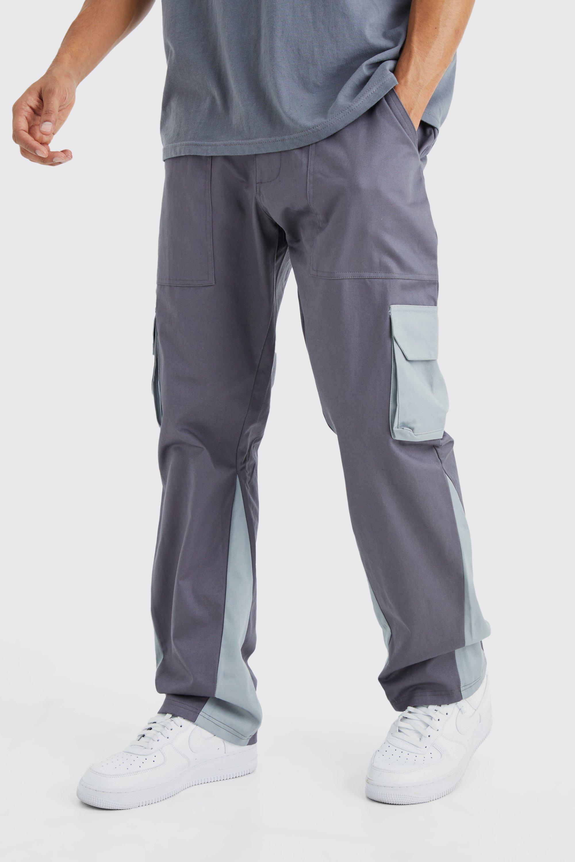 Mens Grey Slim Flare Gusset Colour Block Cargo Trouser, Grey