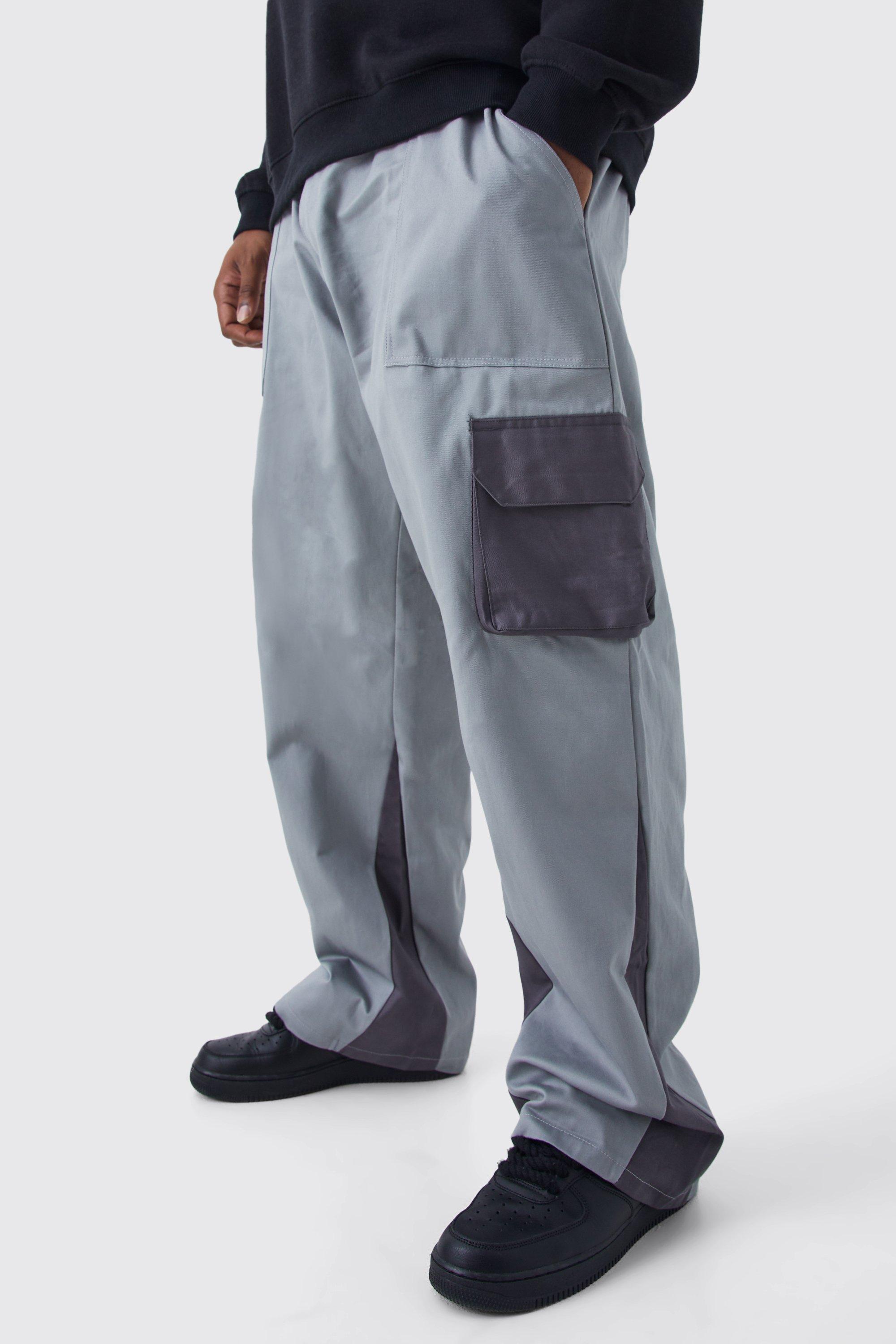 Mens Grey Plus Slim Flare Gusset Colour Block Cargo Trouser, Grey