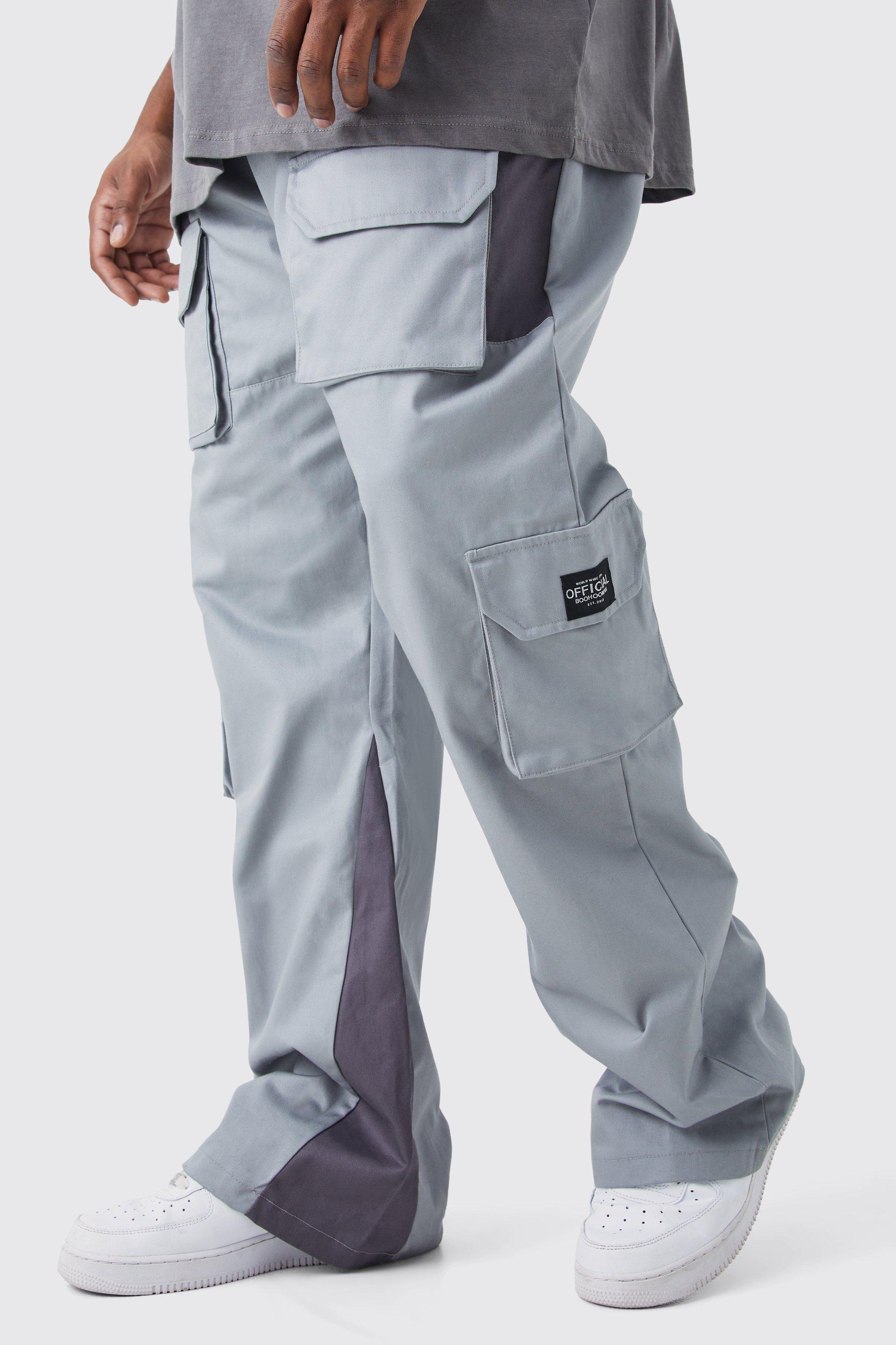 Mens Grey Plus Slim Flare Multi Cargo Colour Block Trouser, Grey