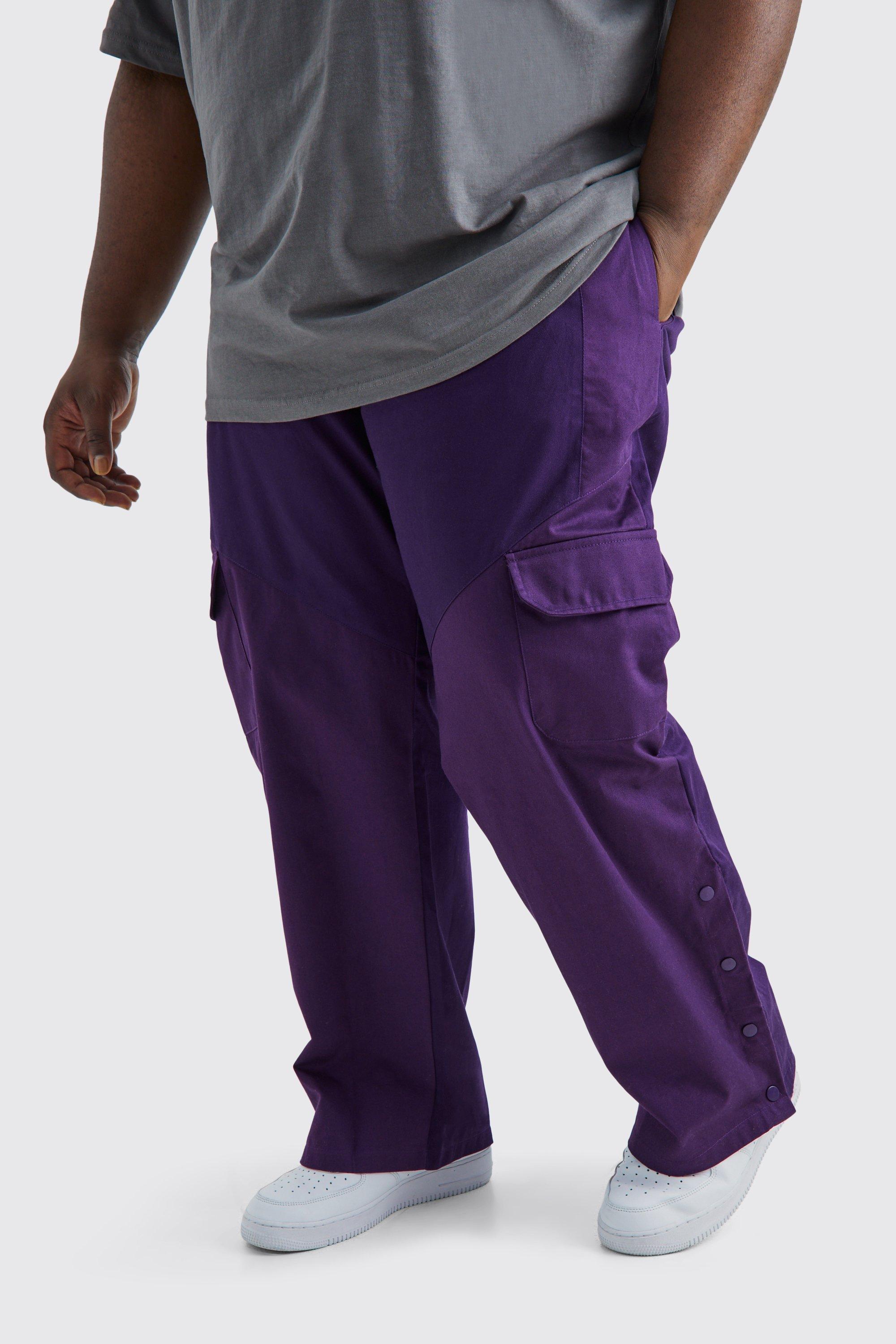 Mens Purple Plus Slim Fit Colour Block Cargo Trouser With Woven Tab, Purple