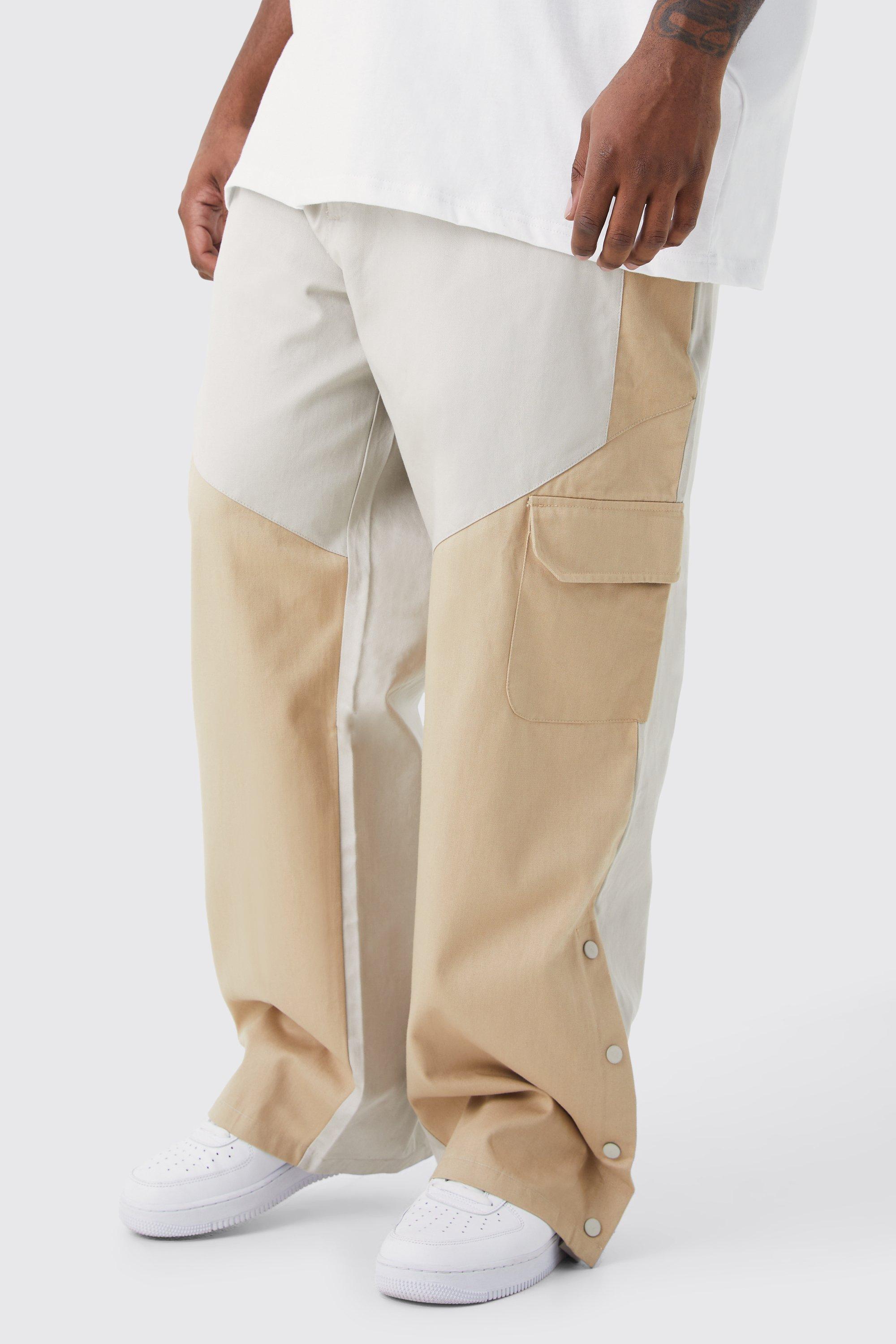 Mens Beige Plus Slim Fit Colour Block Cargo Trouser With Woven Tab, Beige