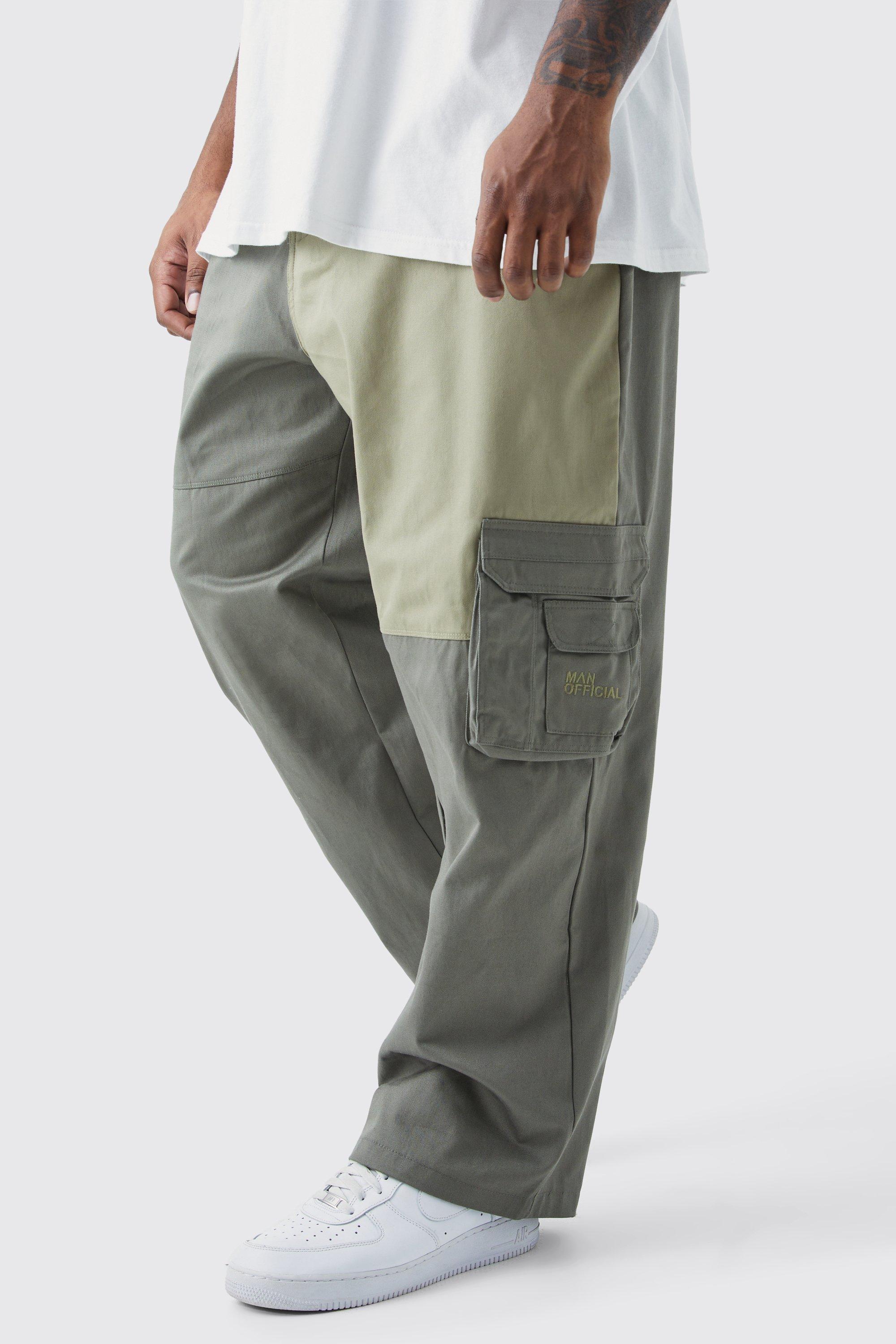 Mens Green Plus Relaxed Fit Colour Block Tonal Branded Cargo Trouser, Green