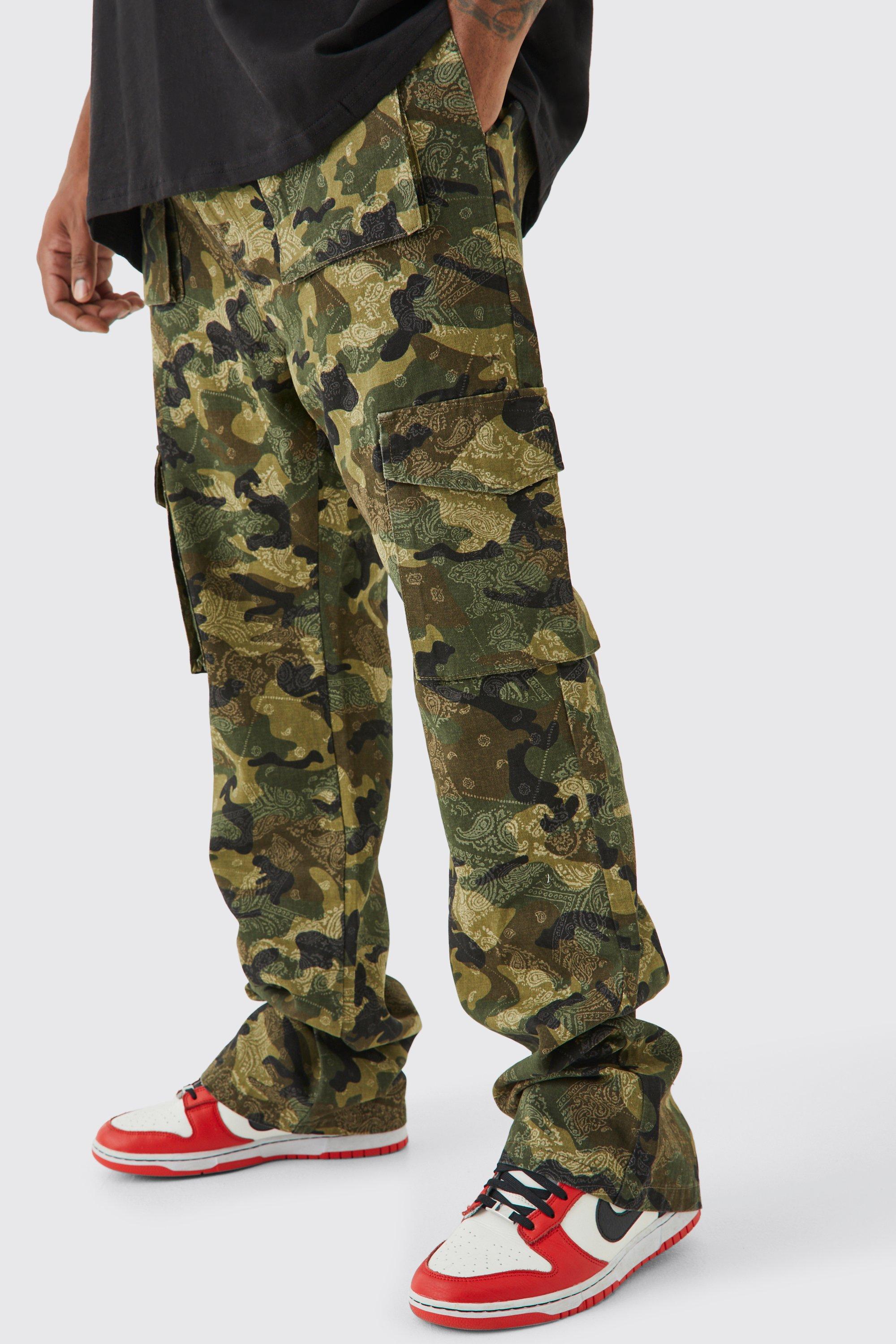 Mens Green Plus Slim Stacked Flare Multi Cargo Camo Bandana Trouser, Green